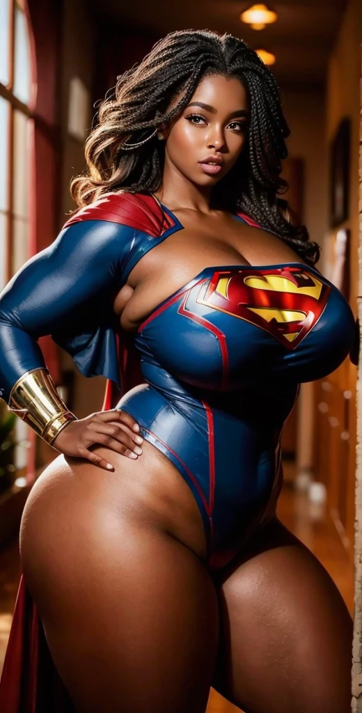 Emily is a black African woman, com pele muito escura, de 35 anos com cabelos escuros, geralmente preso em um coque ou rabo de cavalo. His eyes are dark and expressive, transmitindo sua personalidade sensual e sexy. She has an average height, Sobre 1.60m, com seios grandes, muito grandes e quadris enormes, BBW. Emily is a superhero, Usar roupas da supergirl sexy. Ela costuma usar pouca maquiagem, preferindo um visual natural. best quality, Realistic photo, photo de corpo inteiro, poses sensuais sexy, foto tirada de baixo para cima.