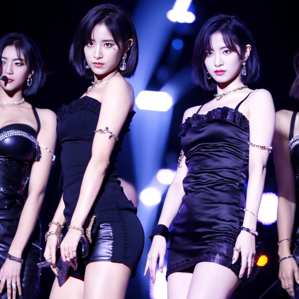 Best quality, masterpiece, ultra high res, (photorealistic:1.5), raw photo, Kpop idols performing on stage, black short tight dresses, in the dark, deep shadow, low key, cold light, sexy look, short hair