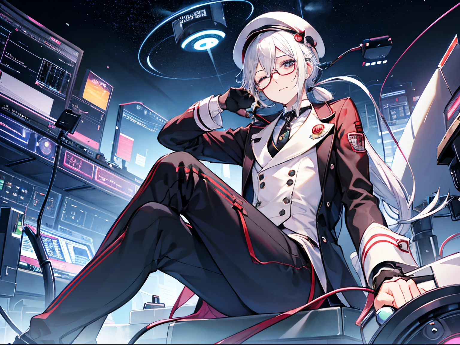 （masutepiece）（high-detail）20s male android、white  hair、poneyTail、Hats、tailcoat、neck tie、He wears round glasses with no rims、sitting with both eyes closed、Connected to the machine with multiple cables（Charging）、The butt is the connecting part、Background with（An electronic world that feels like science fiction、A space that feels like inside a machine、Virtual space、near future、Darker）