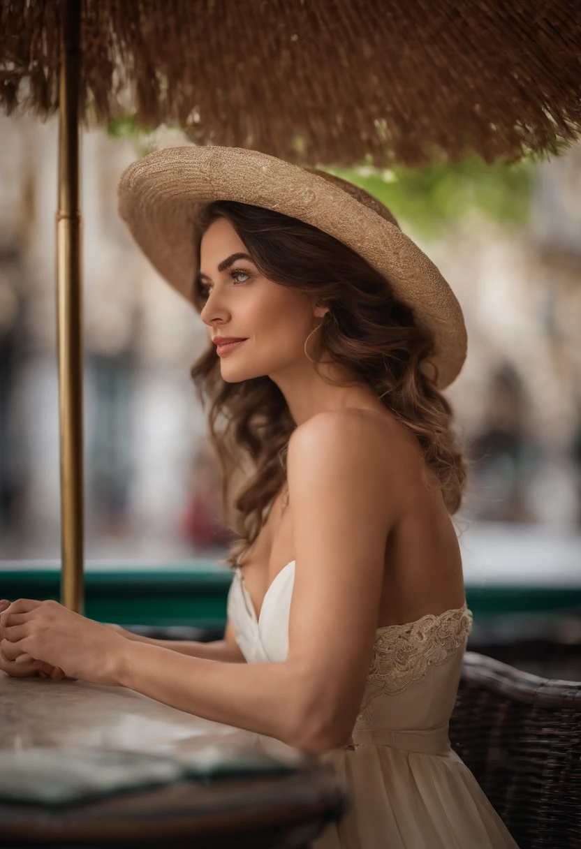 RAW,, Nikon Z 85mm, fotografia glamorosa premiada, ((melhor qualidade)), ((obra-prima)), ((realista)), 18th century, imagem vintage, bela mulher francesa usando, vestido de renda e espartilho, usando uma coroa, 25 anos, (longos cabelos castanhos), hazelnut eyes, seios pequenos perky, sitting outside in a café in Paris, torre eiffel ao fundo, pequeno, ((seios pequenos)), inocente, pedais de flores no ar, (sardas: 0.6), detalhes intrincados, altamente detalhados, foco nítido, profissional, 4k, flores da primavera florescendo, raios divinos, hand model, olhos azuis impressionantes, pequeno, delicado, inocente, alta resolução, detailedfacialfeatures, alto detalhe, foco nítido, suave, aesthetic, extremamente detalhado, photo_\(ultra\), fotorrealista, realista, Post-processing, maximum detail, rugosidade, vida real, ultrarrealista, fotorrealismo, fotografia, 8k uhd, fotografia, luz SEMI-SILHUETA, rosto russo, de frente, looking-into-camera