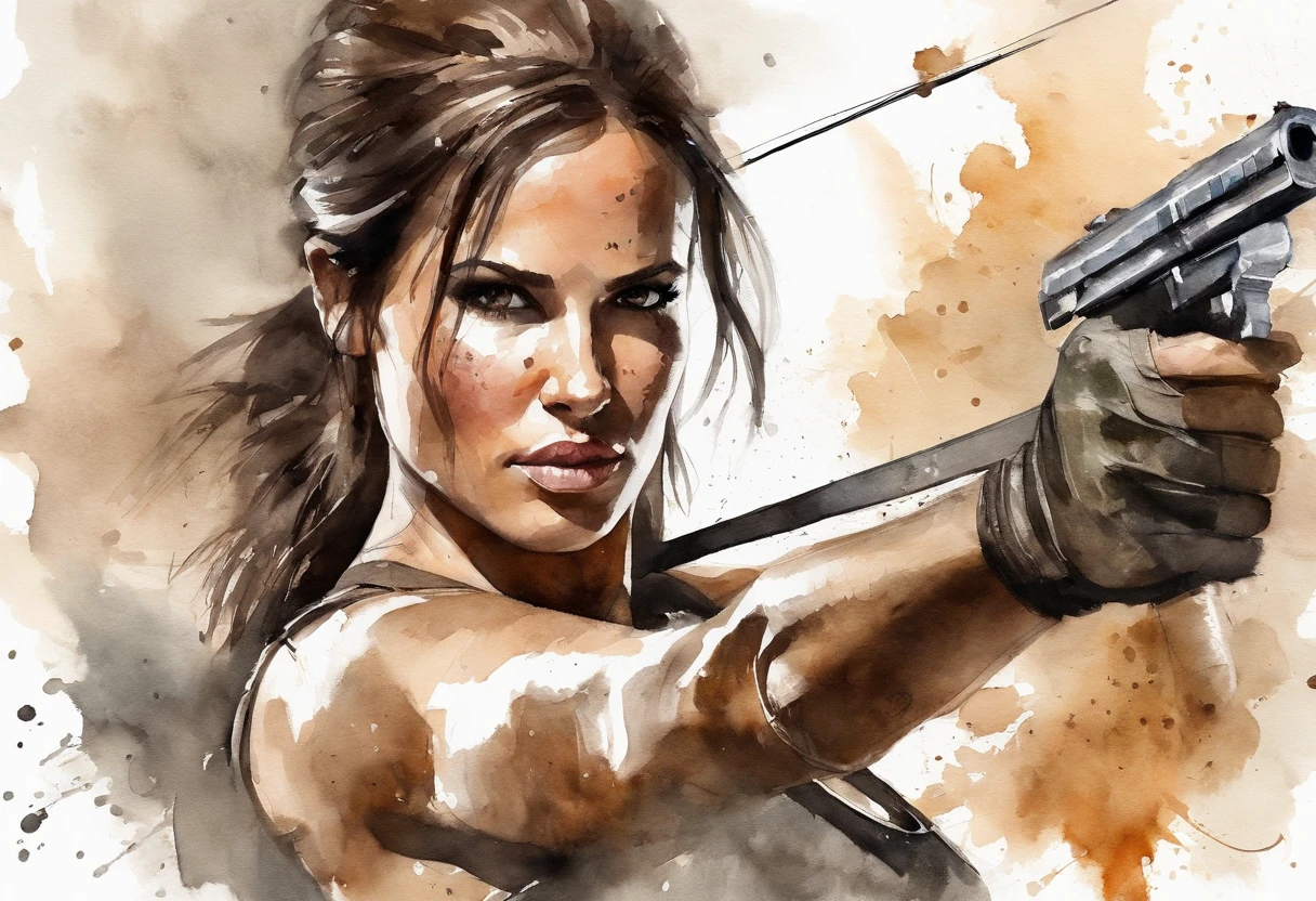 tomb raider Lara Croft watercolor and sketch, in stylish illustrations style, full body, soft watercolors