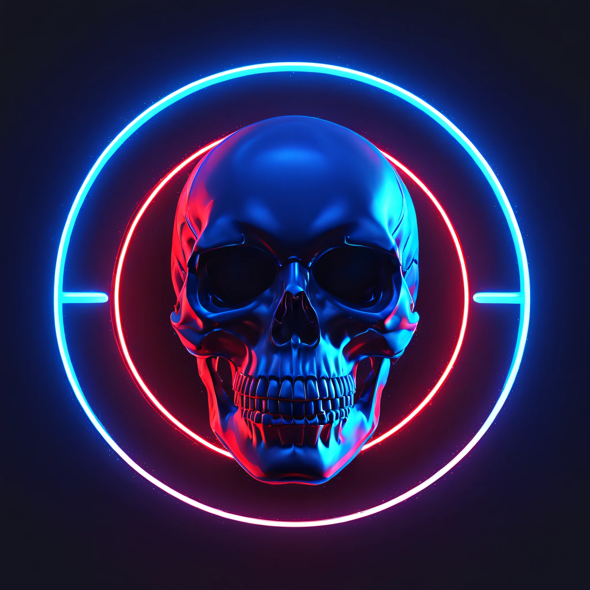 Red and blue image of human skull in a circle of neon lights on dark background，with red neon circle, Android Jones, Cinema 4D, a 3D render, generative art