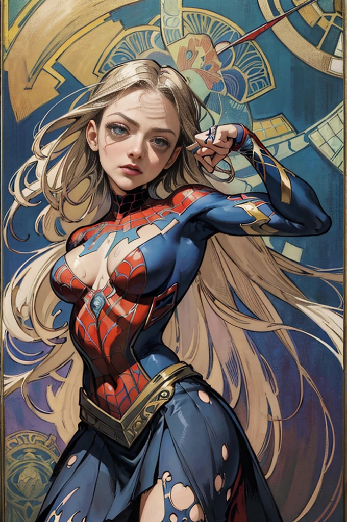 Amanda Seyfried、Sticking out the navel、newyork、She wears a torn Spider-Man suit,wearing skirt、abstract photorealistic、artistic、Alphonse Mucha's painting(masterpiece、top-quality、hight resolution:1.4)、detaileds、intricate-detail、4K、color splashes、line-drawing、Fibonacci、