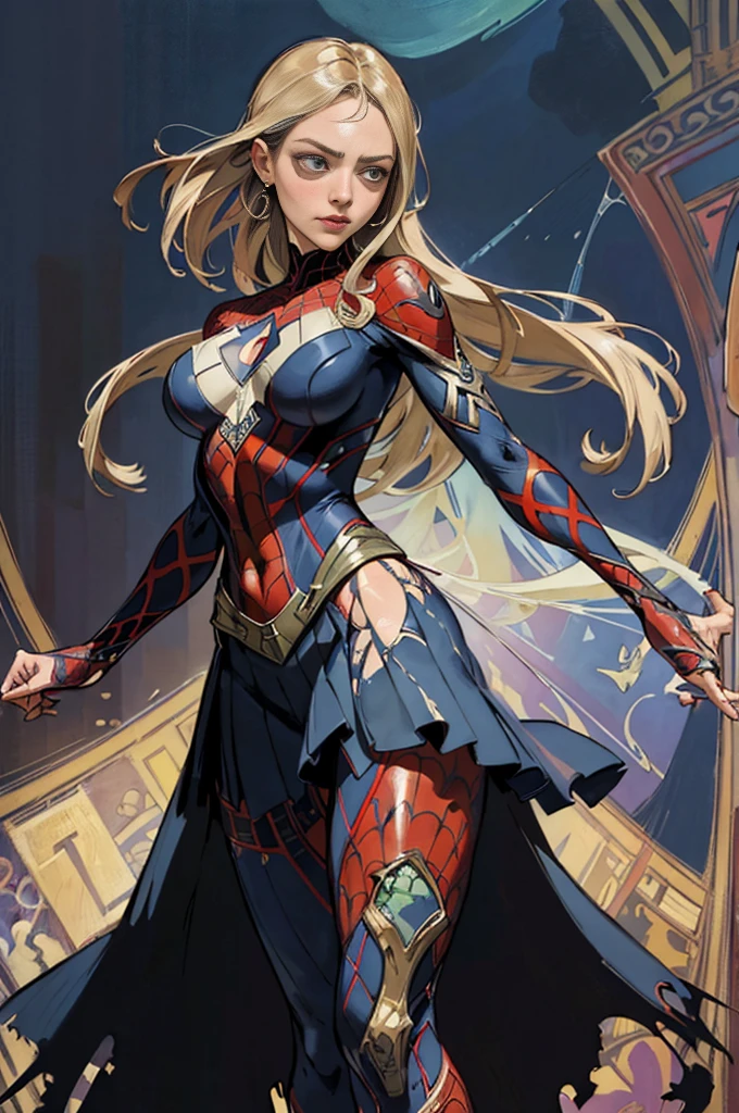 Margot Robbie、Sticking out the navel、newyork、She wears a torn Spider-Man suit,wearing skirt、abstract photorealistic、artistic、Alphonse Mucha's painting(​masterpiece、top-quality、hight resolution:1.4)、detaileds、intricate-detail、4K、color splashes、line-drawing、Fibonacci、