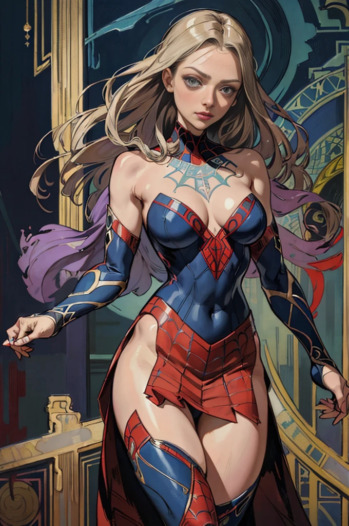 Amanda Seyfried、Sticking out the navel、newyork、She wears a torn Spider-Man suit,wearing skirt、abstract photorealistic、artistic、Alphonse Mucha's painting(masterpiece、top-quality、hight resolution:1.4)、detaileds、intricate-detail、4K、color splashes、line-drawing、Fibonacci、