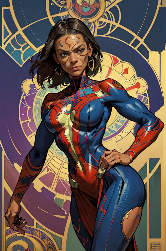 Zoë Saldana、Sticking out the navel、newyork、She wears a torn Spider-Man suit,wearing skirt、abstract photorealistic、artistic、Alphonse Mucha's painting(masterpiece、top-quality、hight resolution:1.4)、detaileds、intricate-detail、4K、color splashes、line-drawing、Fibonacci、