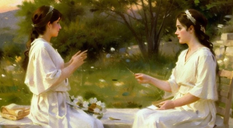 (top-quality、hight resolution、masterpiece)、((Watercolor in Sargent style))、(David Hamilton Style)、(softfocus)、ancient greek scene 、The world of Bilitis songs、(greek female bard)、22year old、美丽的面容、Well-formed eyes and nose、Bewitching smile、Detailed depiction of the face、Classic hairstyles、Beautiful figure、detail portrayal、(ancient greek clothes)、(White tunic)、greek toga、(two womens)、(Two young women talking outdoors)、(Accurate hand and finger depiction)、Cinematic scenes、ciinematic light、softlight、raytrace、luminous sky、greek architecture columns、greek pine、(nostalgia)、classic vibes、Blur the background、