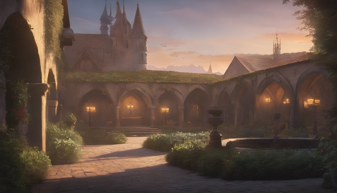 gardens of an medieval courtyard in late evening, the sun has mostly set and it is growing cold