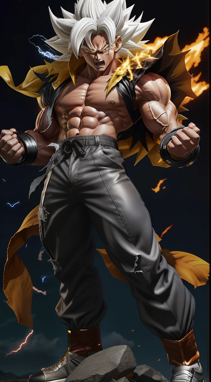 )
Realistic Super Saiyan 3 Coco Man Transformation Figure in transparent white color with white hair and white face, Transparent Man movie Dragon Ball Super 3, Songoku Character Clean Features HD Insight Into Transparent Man Coco Super Saiyan 3 Movie , Huge strong muscles, explosion, ripped pants, huge muscles, huge thighs, Torn clothes, mountain, As a character in Tekken, Lightning background, lightning energy, thunder energy, lightning beam energy, around the body, torn pants ,Strong male scarecrow, Kohan Super Saiyan 3 , Muscular character, Character from M-Fighter