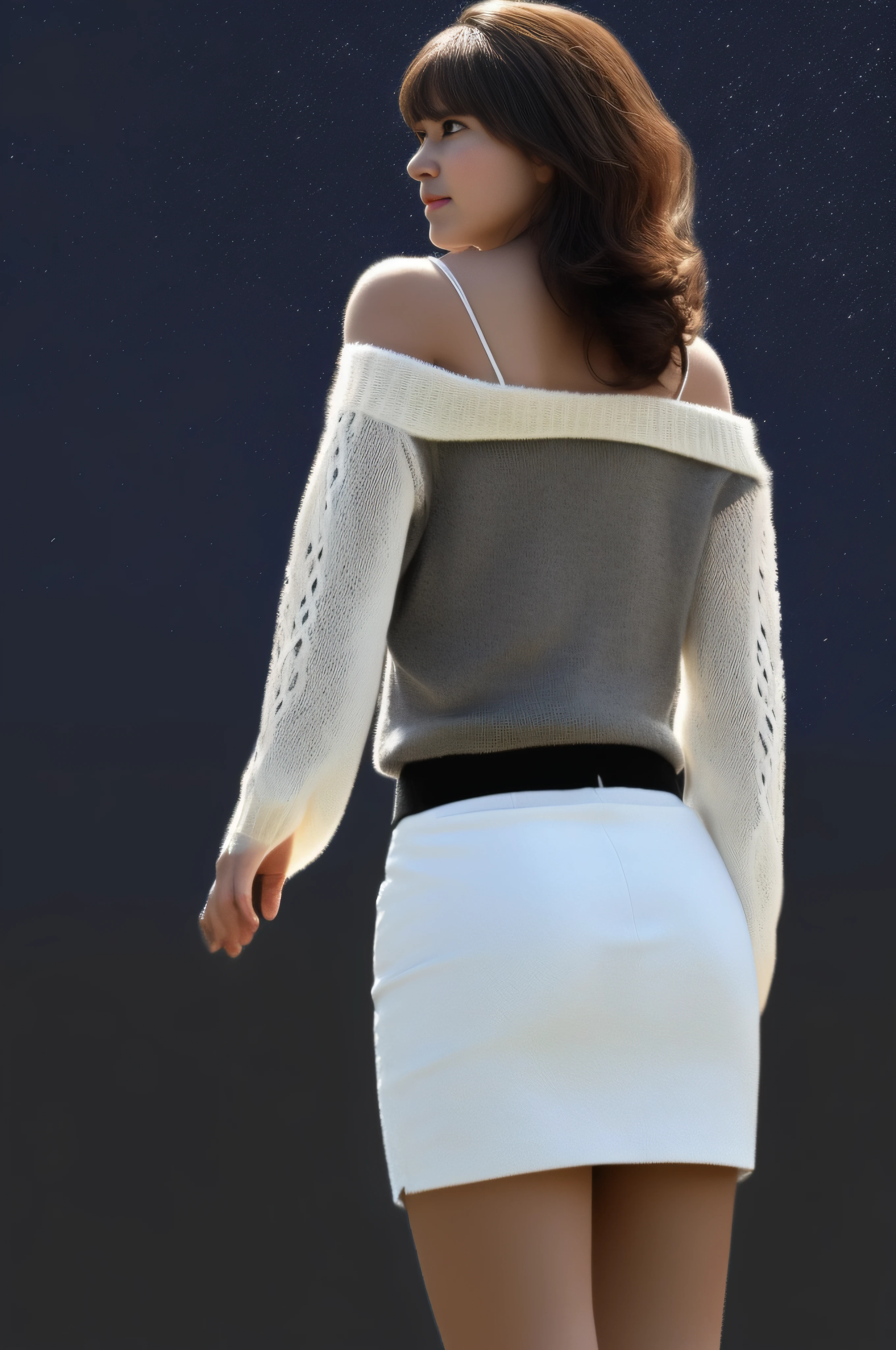 ((Looking back)), (((full bodyesbian))), ((Realistic)), ((From behind, From below)), ((off-the-shoulder clothes)), Beautiful young girl, Beautiful Korean model, cabellos largos dorados, curlies, By bangs, (slender leg), (cold light, the night, starrysky), (at winter season, nevando). ((White sweater, Short black skirt), Detailed scenes, the detail,Hyper-detailed, (correct hand), (anatomy correct), (best qualtiy,tmasterpiece)