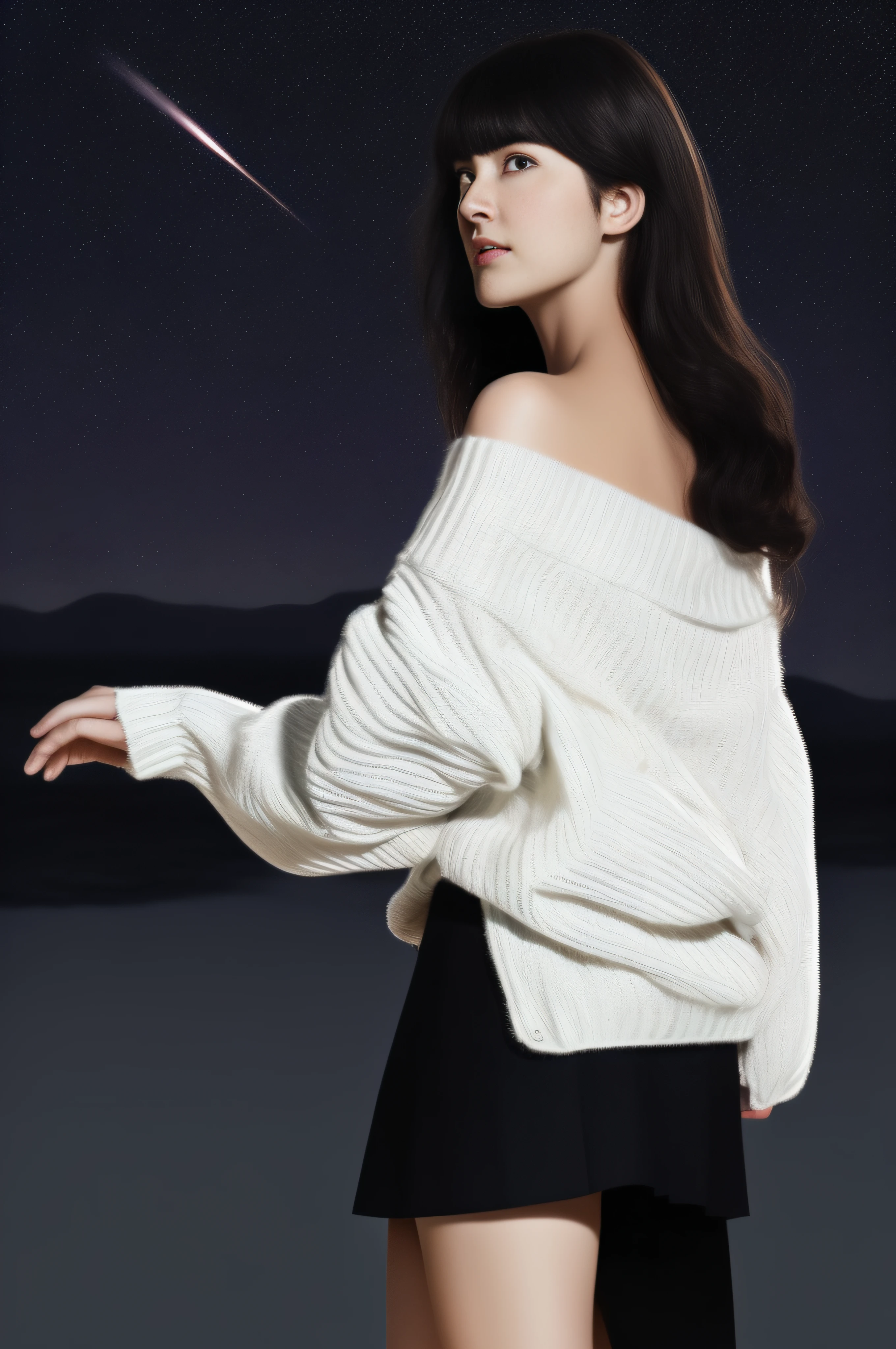 ((Looking back)), (((full bodyesbian))), ((Realistic)), ((From behind, From below)), ((off-the-shoulder clothes)), Beautiful young girl, Beautiful Korean model, cabellos largos dorados, curlies, By bangs, (slender leg), (cold light, the night, starrysky), (at winter season, nevando). ((White sweater, Short black skirt), Detailed scenes, the detail,Hyper-detailed, (correct hand), (anatomy correct), (best qualtiy,tmasterpiece)