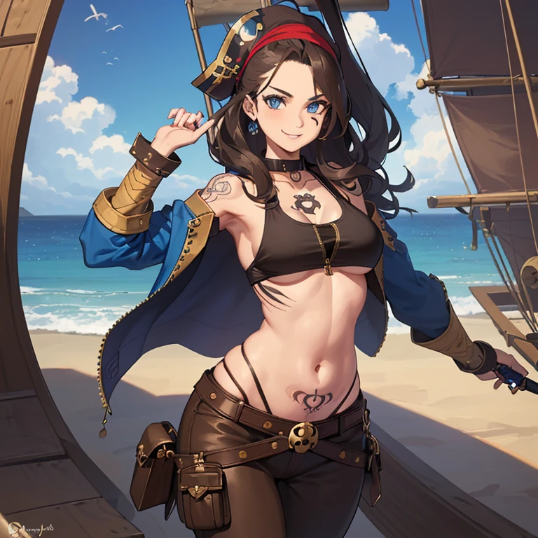 ((1 female pirate, belly belt with a sword, with brown pants with open zip, bare breasts, skull tattoo on chest)),((medium breasts)),((very large pubic hair)),((hair big brown)),((blue eyes, smile)),((facing the viewer)),((on a pirate ship, at sea during the day)),