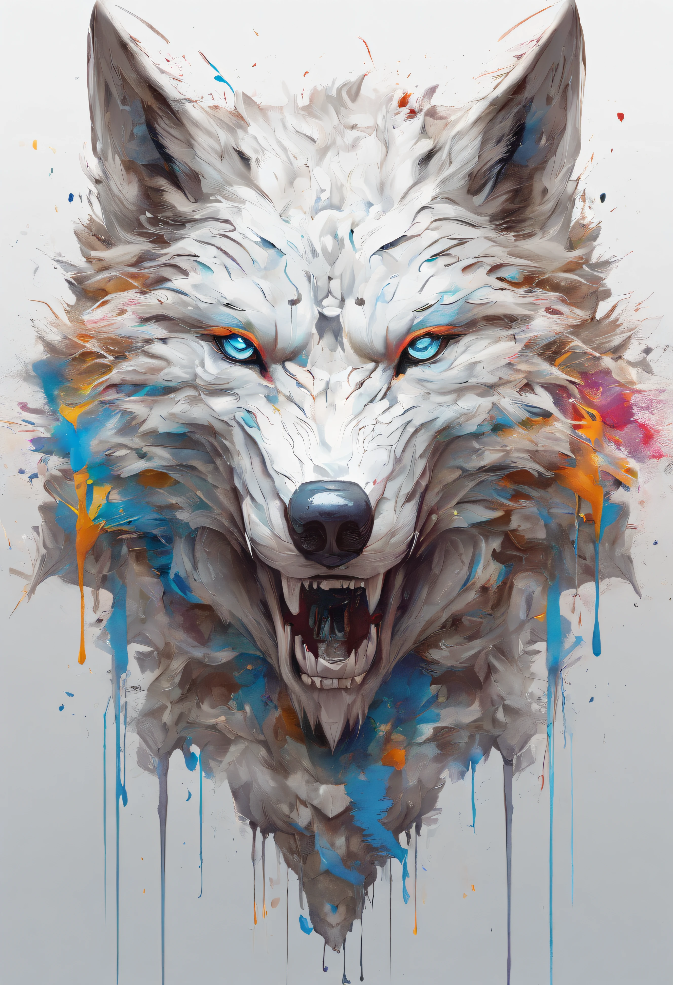Splash art, a wolf head, ((white background)), piercing eyes, epic Instagram, artstation, splash style of colorful paint, contour, hyperdetailed intricately detailed , unreal engine, fantastical, intricate detail, splash screen, complementary colors, fantasy concept art, 8k resolution, deviantart masterpiece, oil painting, heavy strokes, paint dripping, splash arts