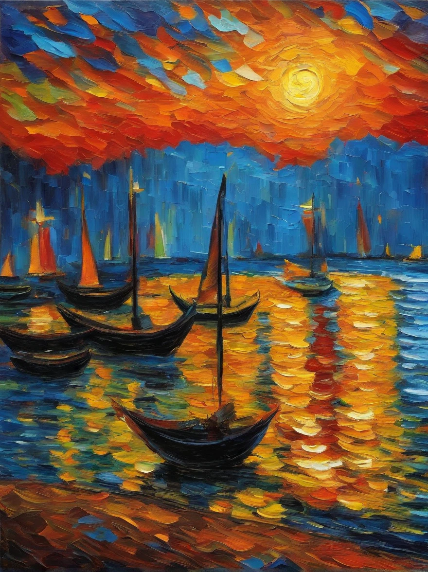 Van Gogh&#39;s painting style, Hong Kong Victoria Harbor night view, Color Field painting, Impressionism, chiaroscuro, vanishing point, wide shot, Ultra-Wide Angle, 8k, super detail, ccurate, best quality, masterpiece, best quality
