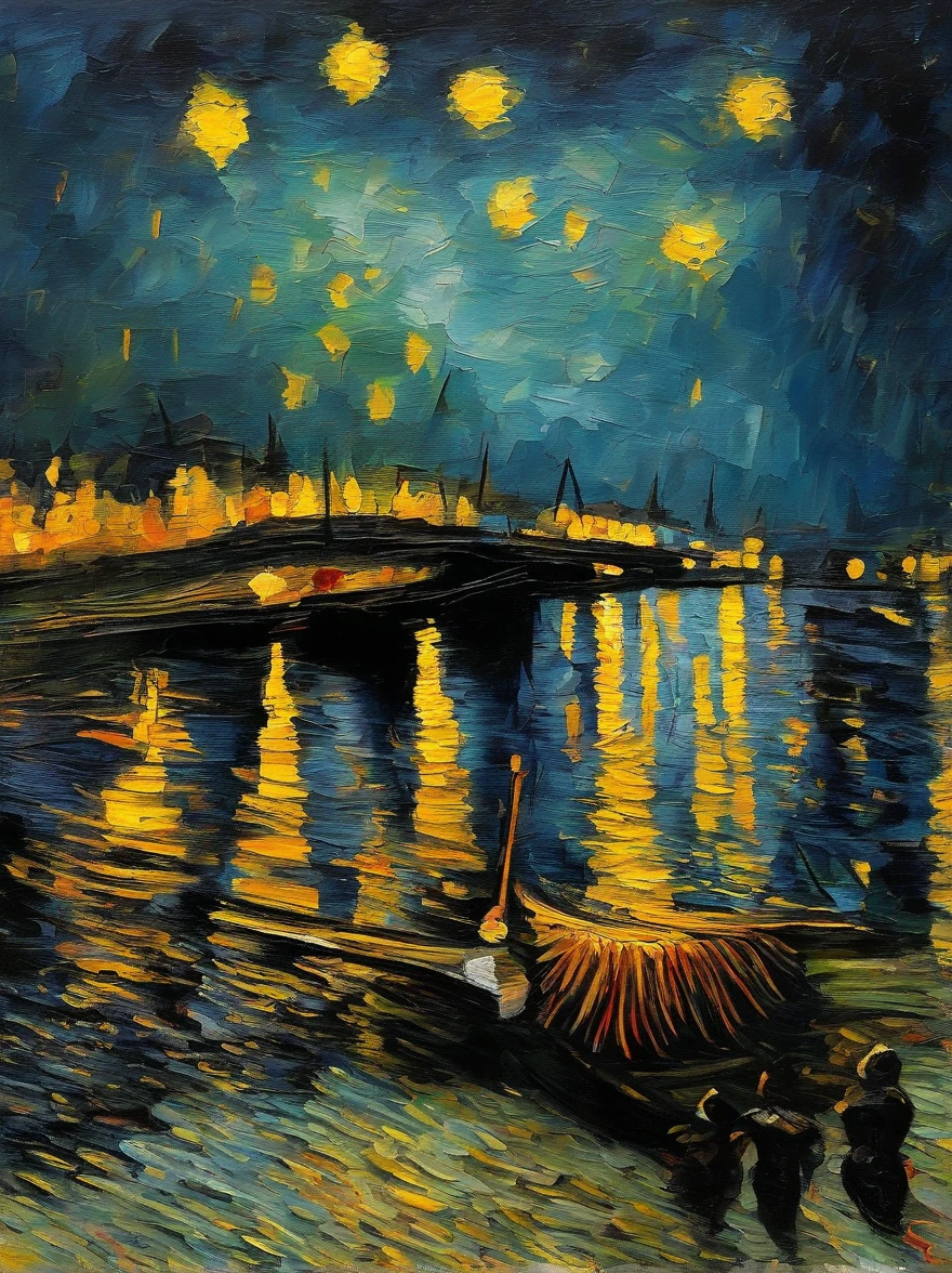 Van Gogh's painting style, Hong Kong Victoria Harbor night view, Color Field painting, Impressionism, chiaroscuro, vanishing point, wide shot, Ultra-Wide Angle, 8k, super detail, ccurate, best quality, masterpiece, best quality