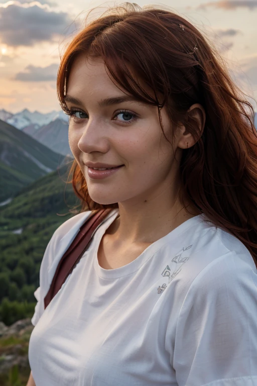 (Best Quality, hyper realistic photography), Magnificent Norwegian mountain peak, sea of clouds, Woman watching sunset, wet white t-shirts, Trekking Shorts, trekking boots, rucksack, (ultra-delicate face, Super Beautiful Maid, Super delicate eyes, Ultra-detailed nose, Ultra detailed mouth, Ultra-detailed facial features, smile), Beautie, 18year old, nordic look, curly red hair, picture from above