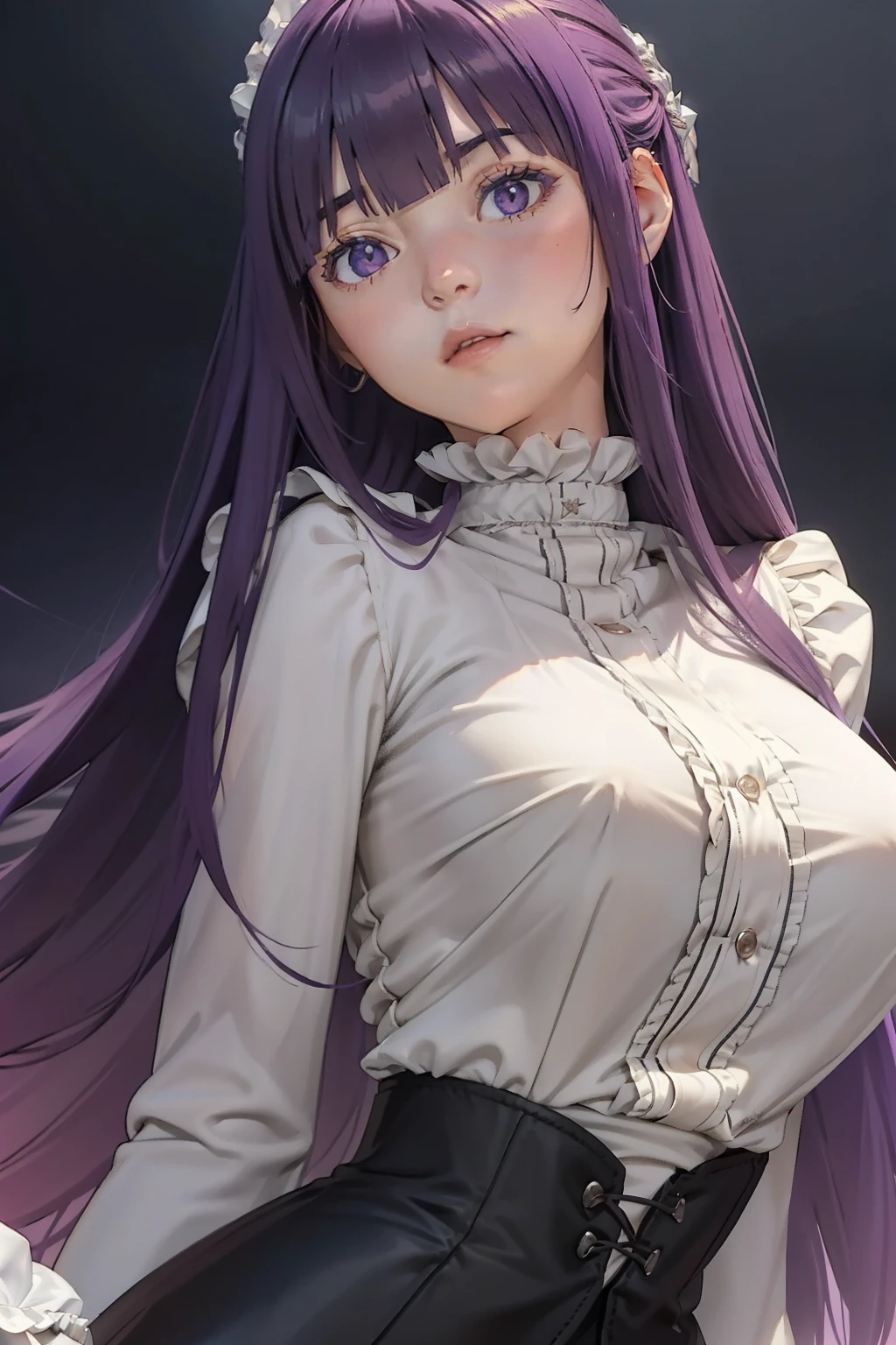 ((masterpiece, best quality, ultra-detailed, ultra-HD, photorealistic, cinematic)), ((alluring female anime, Fern of Frieren Anime)), (medium shot, from below:1.5), perfect body, sexy body, perfect face, perfect hands, delicate face, large cleavage, round ass, long round legs, (long, waist-length purple hair, styled with a straight cut and bangs, wears her hair down with two additional chest-length strands framing her face), (wearing a long, buttoned white dress with a Victorian-style top, including a frilled collar and puffy white sleeves, purple magician cafe, along with black boots), (sensual pose), (gradient background:1.5), (hands wide open), purple eyes, detailed pupils,  lips, blushing, slightly parted lips