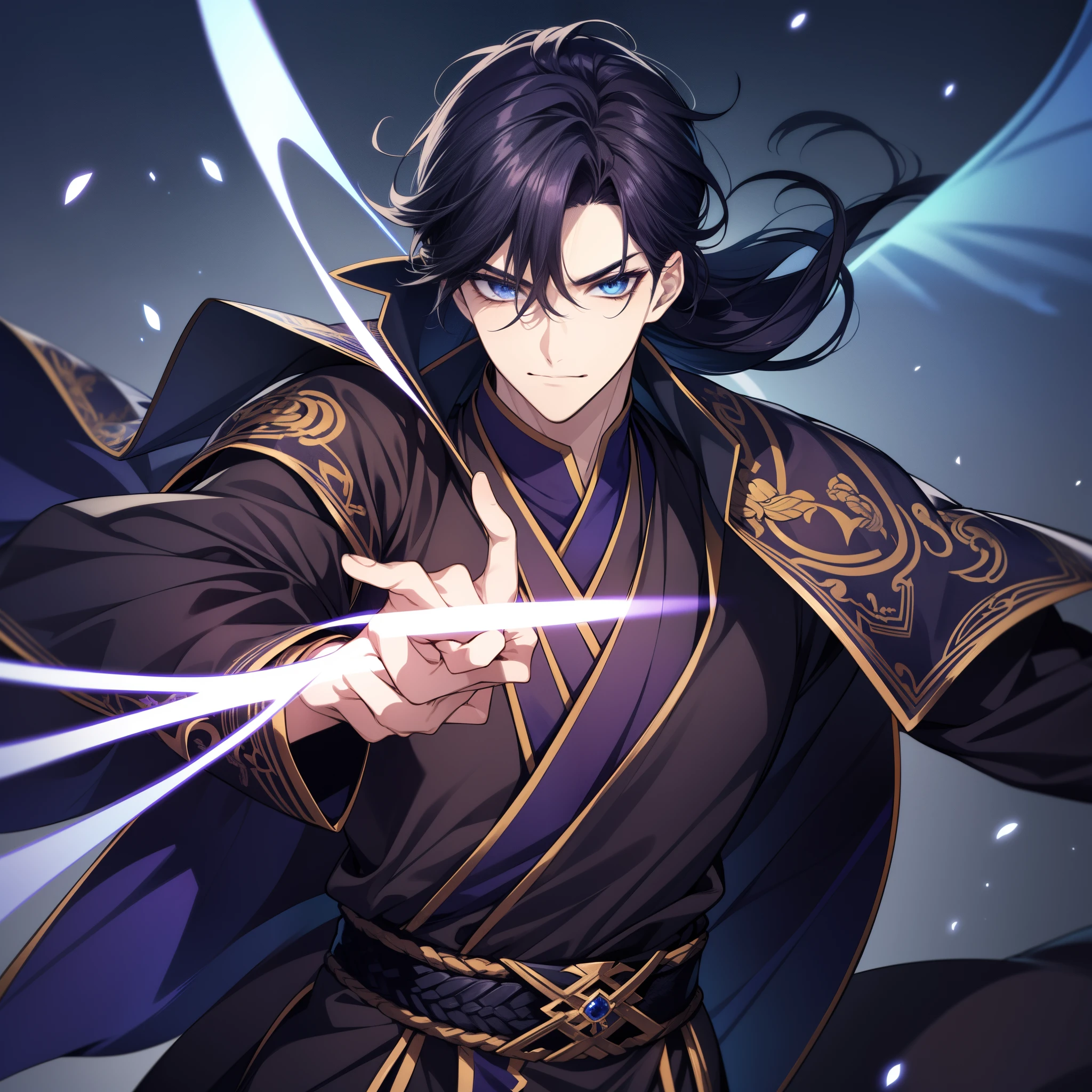 quadratic element，style of anime，One guy（male warrior）the only person，独奏，The magic of controlling electricity，The proportions are correct，Face details，black color hair，Neck details，Purple suit，joke，black toga，clothes details，longer sleeves，Game quality，Light and shadow tracking，Ray traching，Detailed luminescence，cg render，hair detail，blue colored eyes，Handsome，Handsome，（juvenile sense），Clothing is complicated，at a forest，natta，starrysky，Perfectcomposition，Refinement，high high quality，More detailed，A lot of detail，The background is complex，a sense of atmosphere，