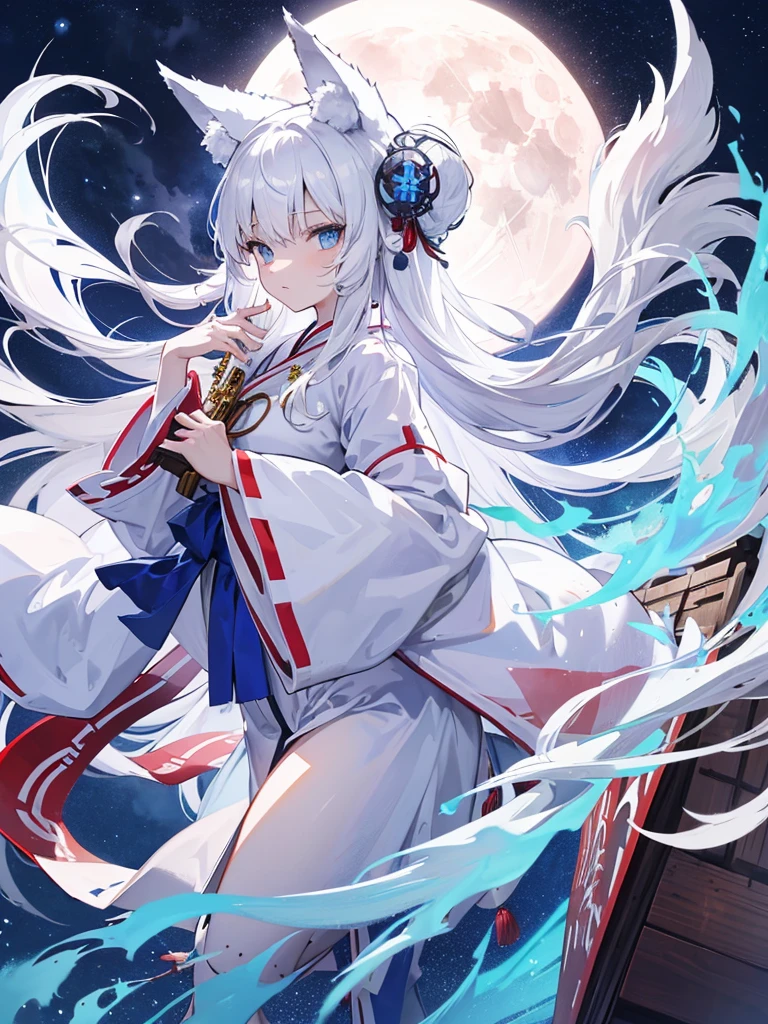 Highest Quality, white hair, Long, Blue eyes, (shrine maiden clothe:1.2), Wolf ears, Wolf's tail, Big Full Moon in the Night Sky, blue flames, Manipulating the Flames