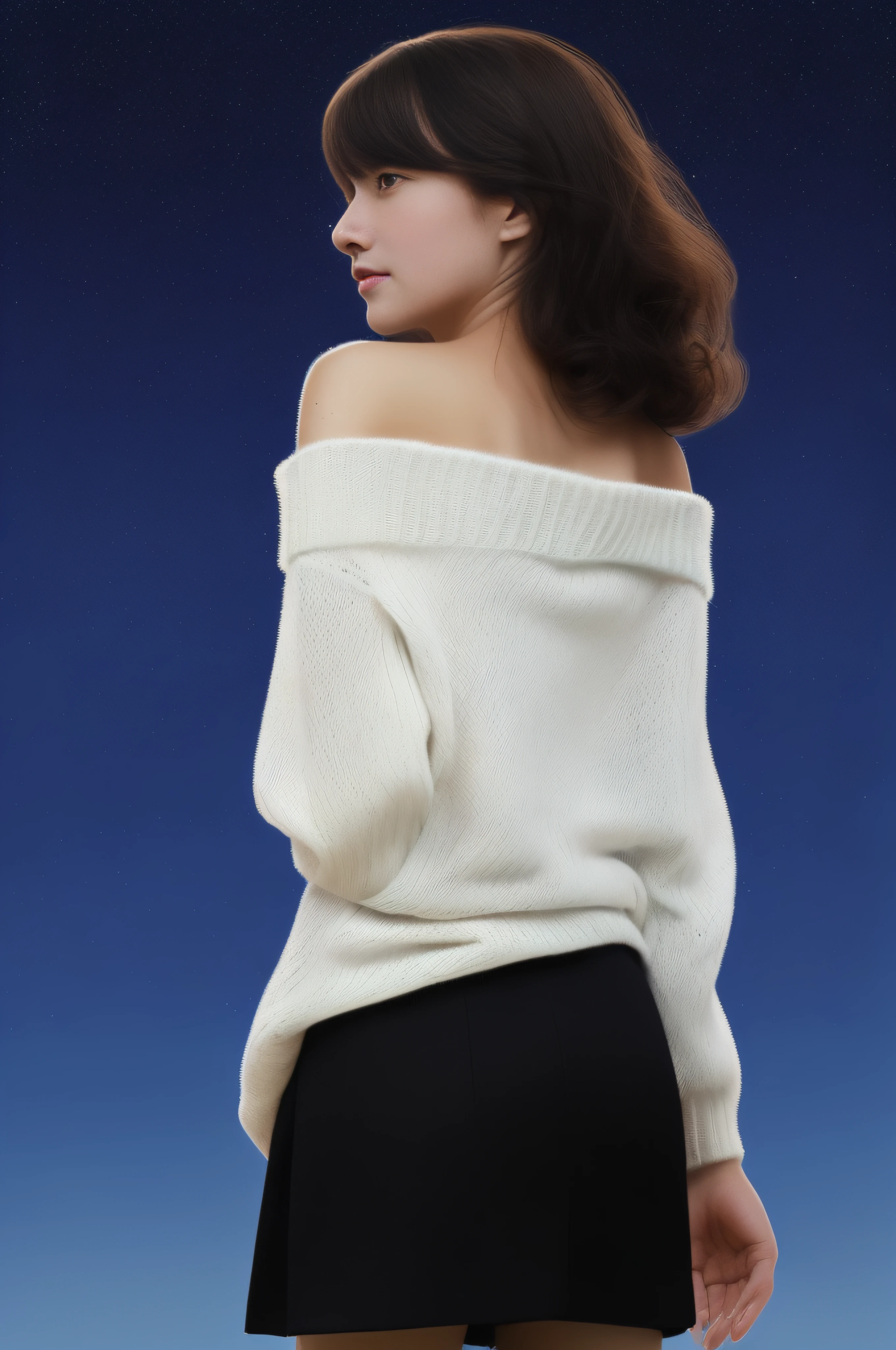 ((Looking back)), (((full bodyesbian))), ((Realistic)), ((From behind, From below)), ((off-the-shoulder clothes)), Beautiful young girl, Beautiful Korean model, cabellos largos dorados, curlies, By bangs, (slender leg), (cold light, the night, starrysky), (at winter season, nevando). ((White sweater, Short black skirt), Detailed scenes, the detail,Hyper-detailed, (correct hand), (anatomy correct), (best qualtiy,tmasterpiece)