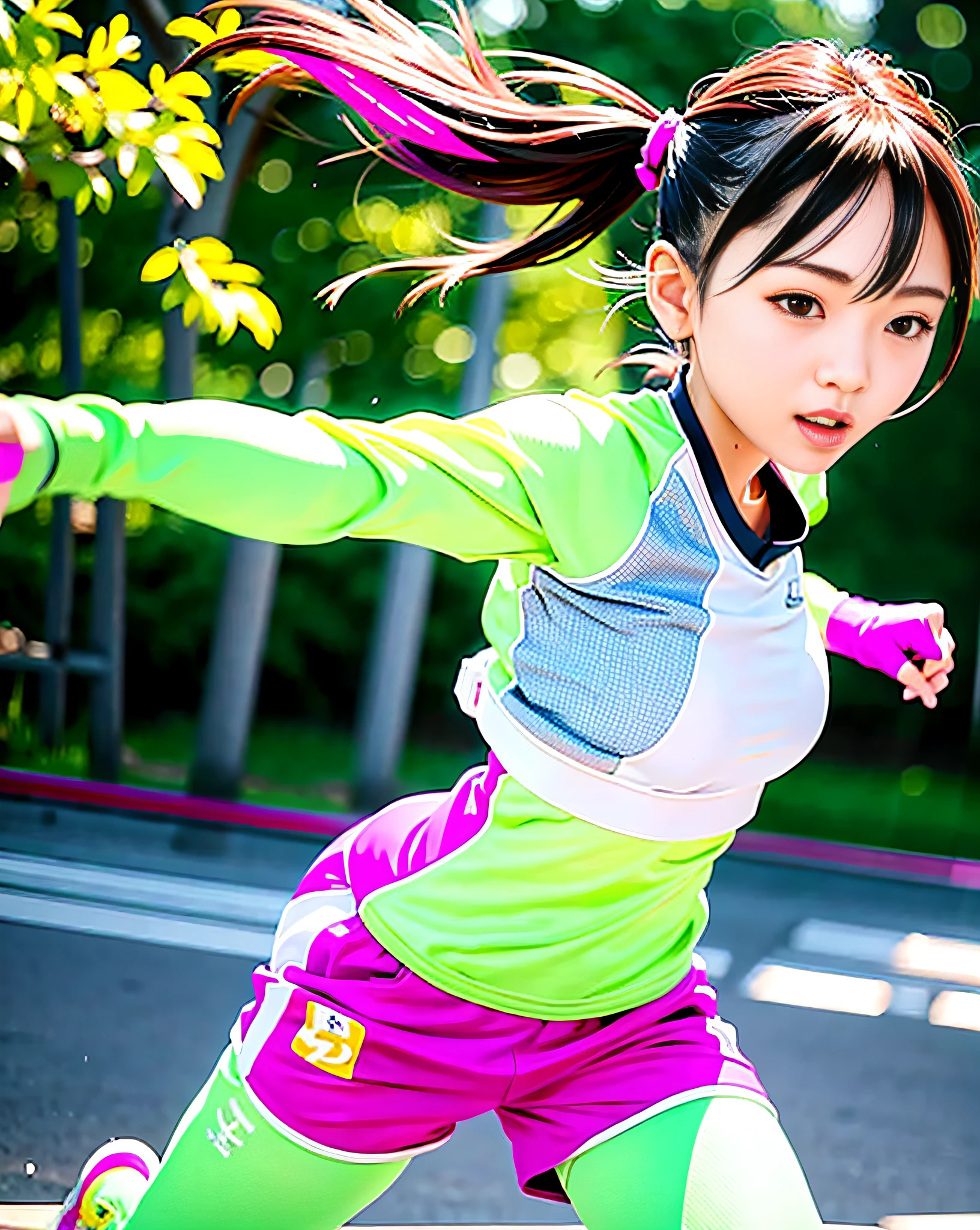 23-year-old woman、独奏、Running、Grey tracktop、Pink shorts、poneyTail、Athletic physique、large full breasts、Dynamic brush strokes、Fluid movement、Capture the essence of her athletic skills and energy、Use bright colors and soft tones to create a dreamy and fantastic atmosphere、Running movement and grace、Ponytails and clothes fluttering in the wind、Expresses the surrounding scenery。plein air、细致背景、Modern metropolis