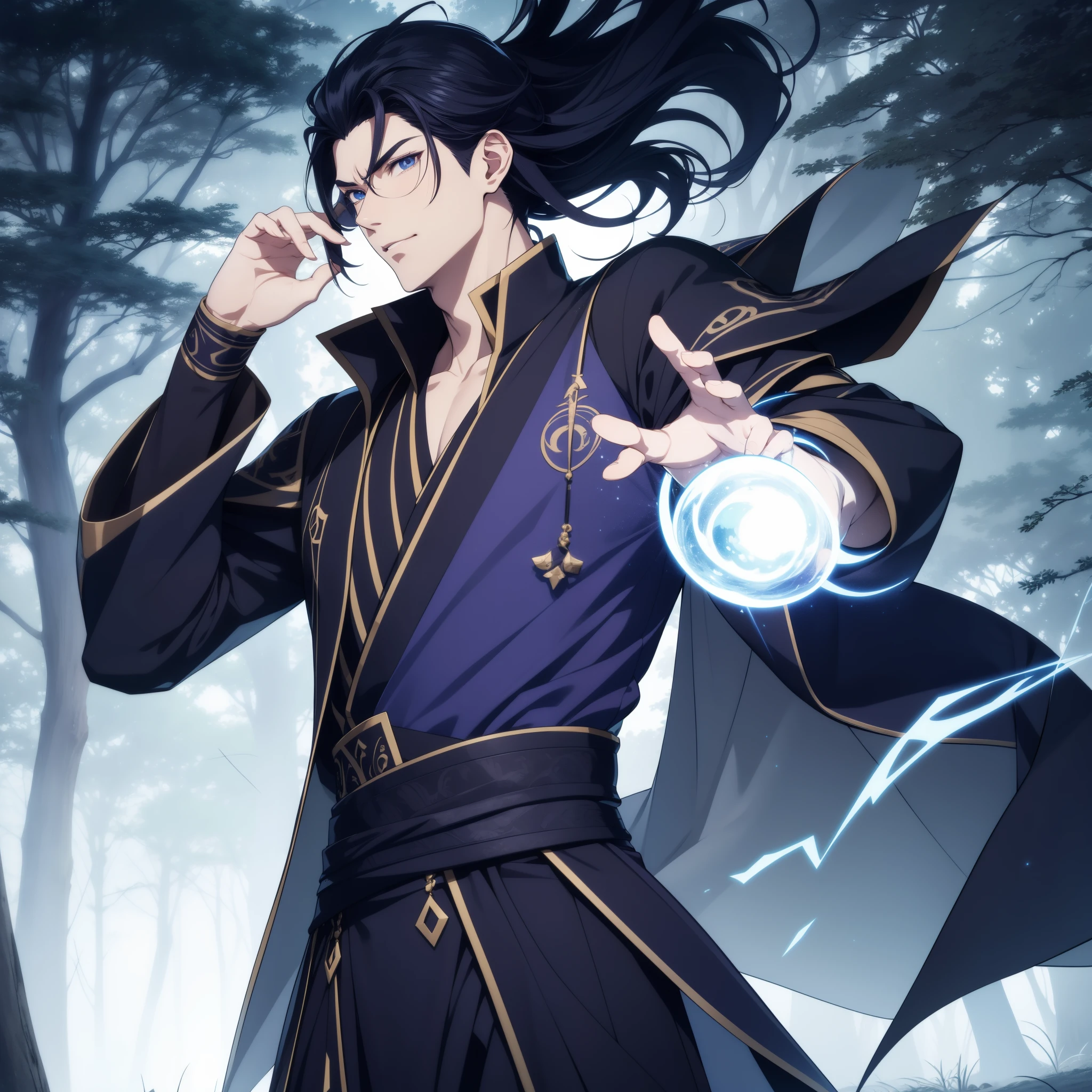 quadratic element，style of anime，One guy（male warrior）the only person，独奏，The magic of controlling electricity，proportions are correct，Face details，black color hair，Neck details，Purple suit，joke，black toga，clothes details，longer sleeves，Game quality，Light and shadow tracking，ray traycing，Detailed glow，cg render，hair detail，blue colored eyes，Handsome，Handsome，（juvenile sense），Clothing is complicated，at a forest，natta，starrysky，Perfectcomposition，Refinement，high high quality，More detailed，A lot of detail，The background is complex，a sense of atmosphere，