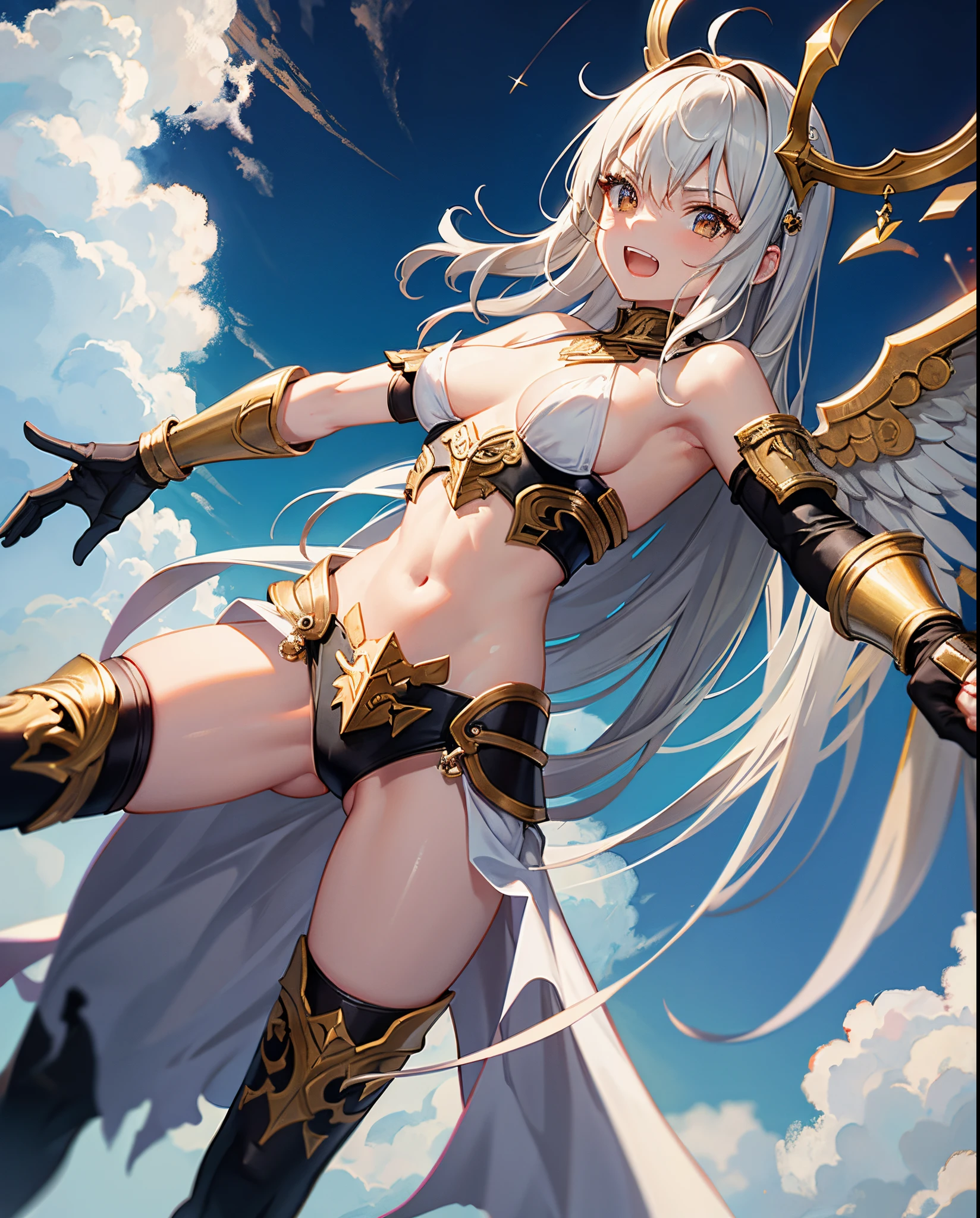 fantasy, 1angel_girl, loli,bwn_hair, medium_bob_hair, long_bangs, halo,bare_shoulder,thighhighs,silver_armor, waist_armor, large_breasts,angry,grinning,open_mouth_teeth, 1pair_wings, dynamic_pose_fighting,floating, bare_crotch, headgear,gauntlet, greaves,city_sky_background,slightly_spread_legs, solo, groin_naked,dark_skin,