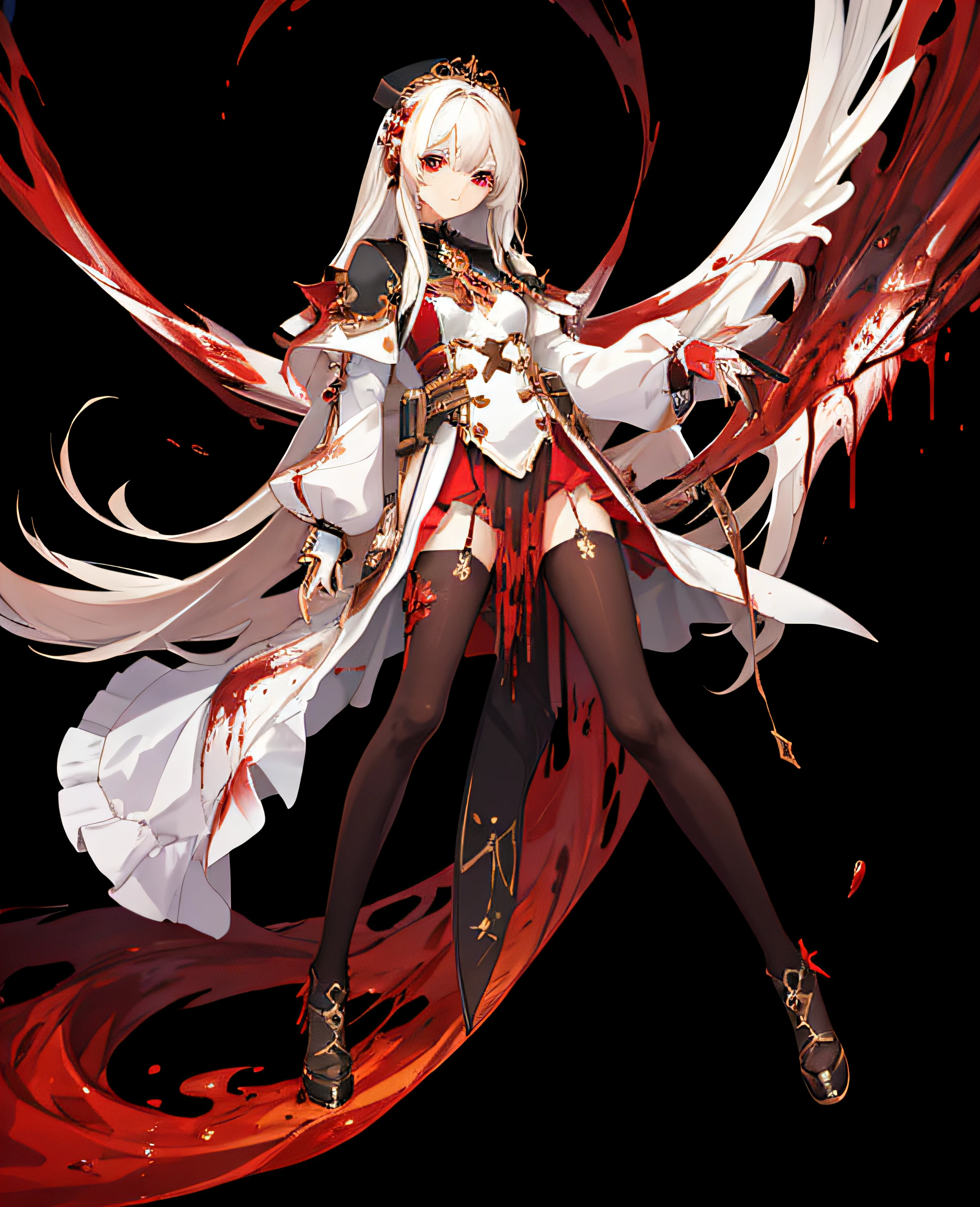 ((masterpiece,best quality)),(1girl:1.2), solo, beautiful detailed eyes, detailed face, (full body:1.2), white long hair, red eyes,small breast, (black background:1.1), bloody particles,blood on the face,