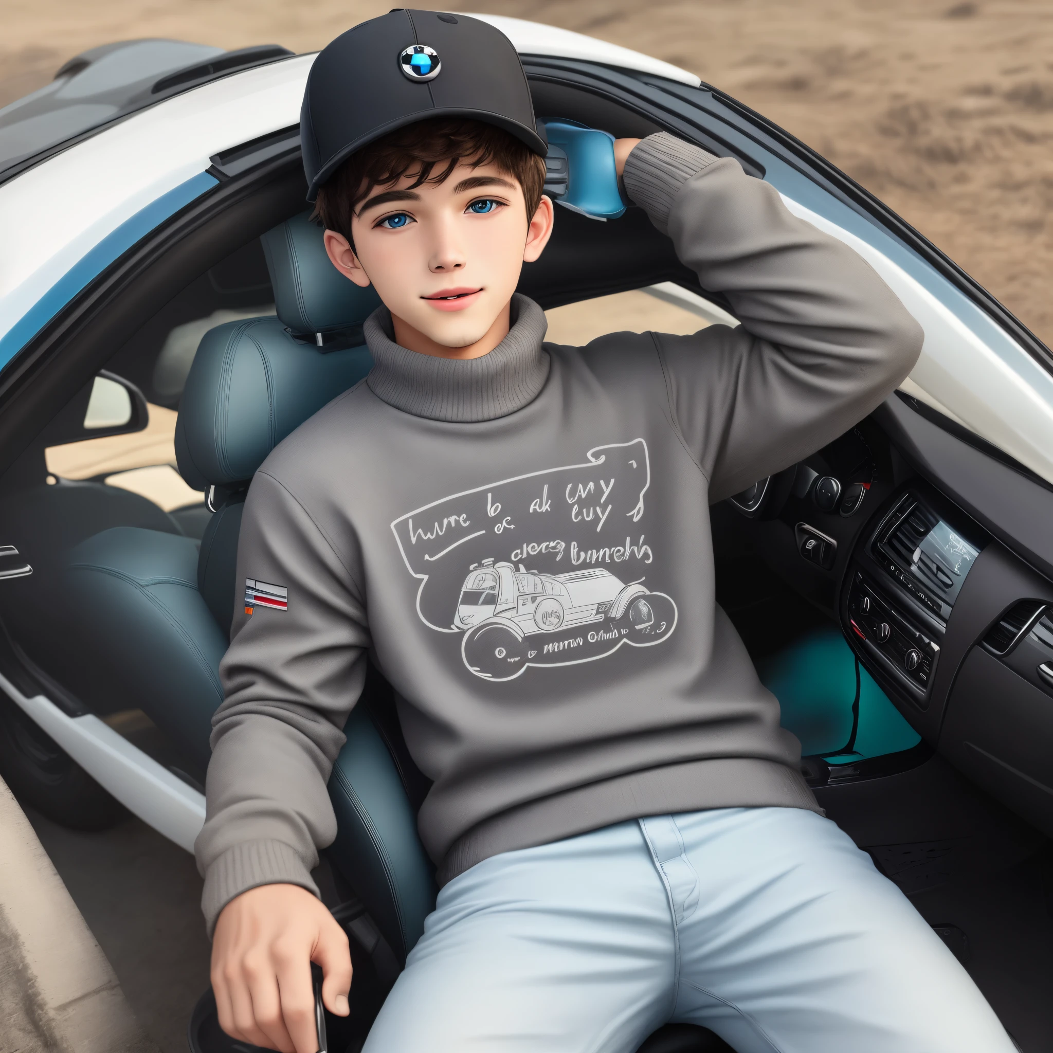 Um em cima de uma mota bmw com capacete, on the boy's sweater will be written(Telmo)