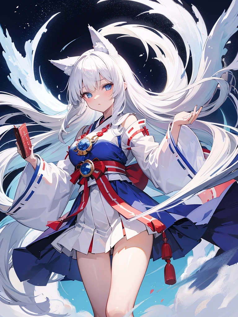 Highest Quality, white hair, long, Blue eyes, (shrine maiden clothe:1.2), Wolf ears, Wolf's tail, Big Full Moon in the Night Sky, blue flames, hime