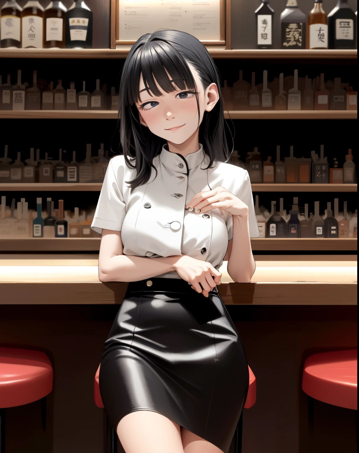 Portrait photo of sitting at the bar in a nightclub、Sensual smile、(​masterpiece) (top-quality) (detaileds) (8K) (nffsw) (wall-paper) (电影灯光) (foco nítido) (Convoluted)、cuckolded woman、