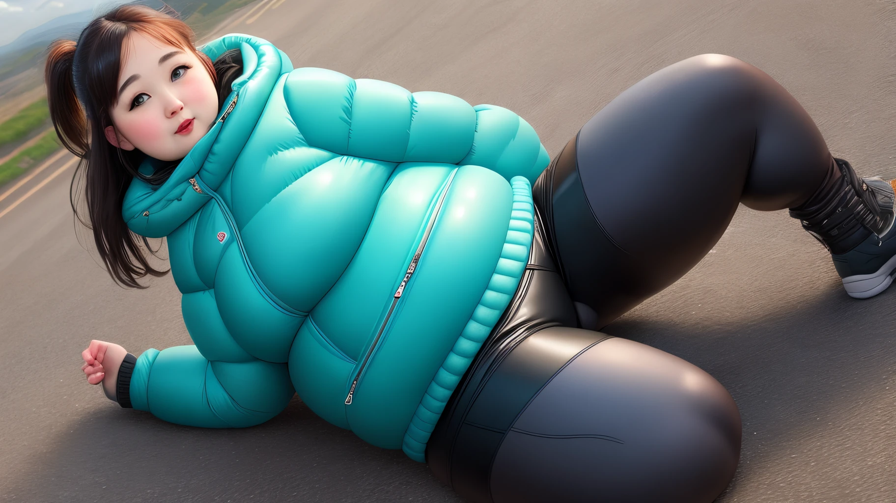 Fat woman in puffy jacket and leather leggings