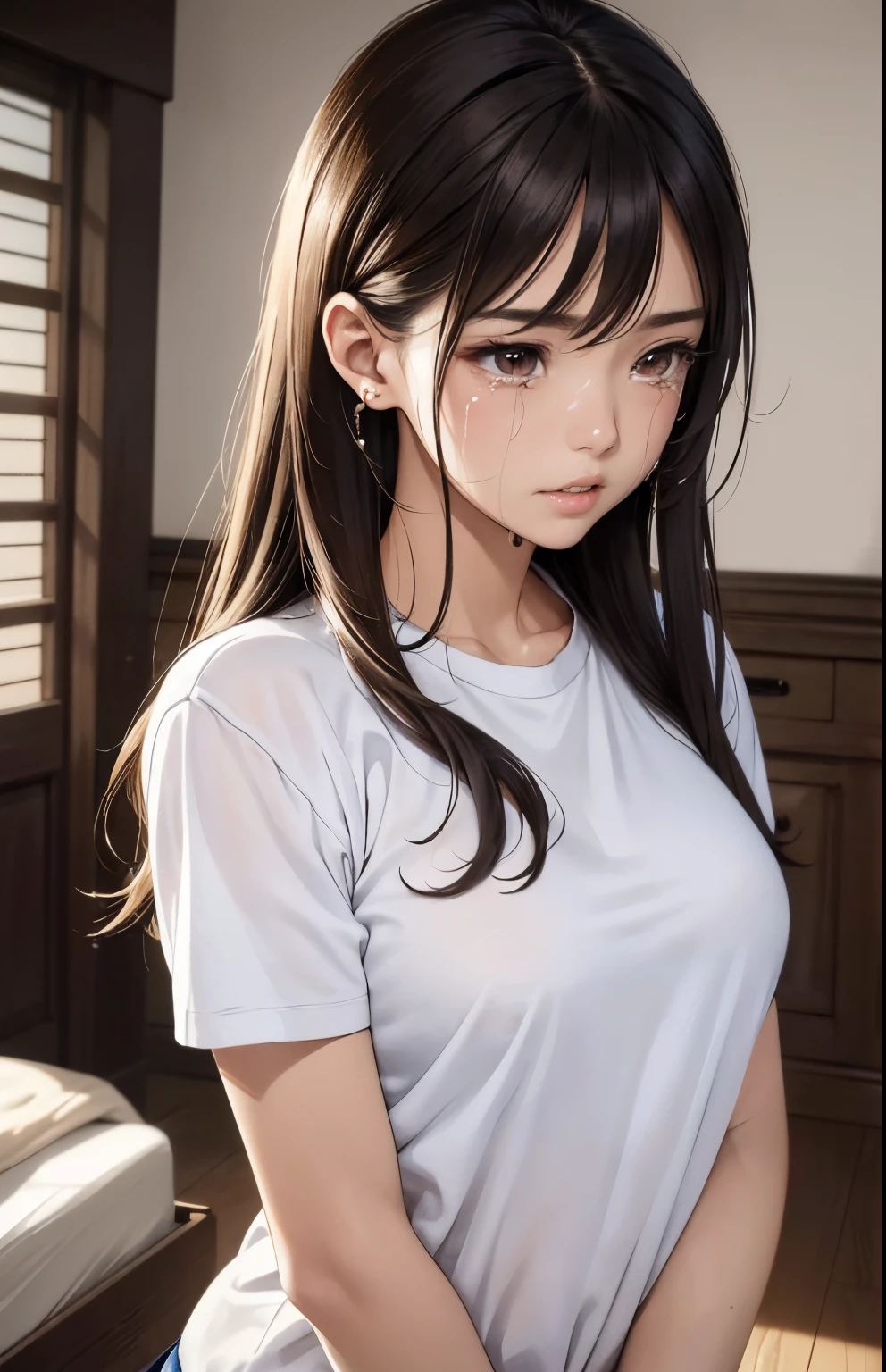 (masterpiece: 1.3), BREAK, absurderes, top-quality、hight resolution, evening, ((((dim light, dramatic room, bedroom)))), High-quality images、8K, 1 woman、skin gloss、Texture of skin and clothing、Detailed eye expression、Lustrous hair, girl with long brown hair, Manga inspired by Lee Jong-suk, trending on deviantart, Realism, detailed manga style, manga art style, perfect lineart, beautiful line art, digital manga art girl, kpop idol, detailed brown eyes, plump lips, detailed gorgeous face, face focus, ((from sideview)), (perfectly detailed face), (well detailed hand), natural cheeks, glowing skin, photorealistic image, depth of field, japanese hime cut hairstyle, ((looking at the floor, hands on thigh)), (wearing t shirt, casual clothes), (((crying, tearing up, lonely, intense emotion)))