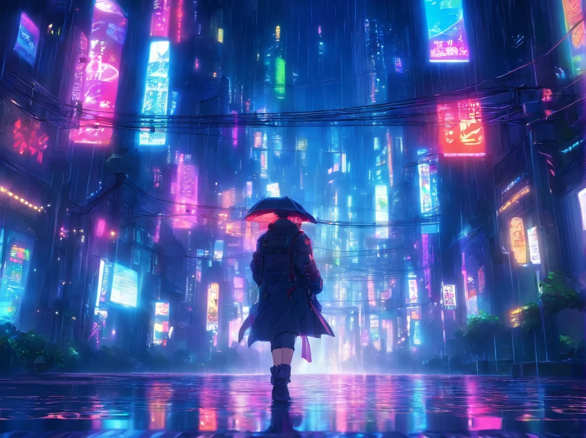 street, rain, one point perspective, many lights, night, cyberpunk, high resolution, hd, 8K