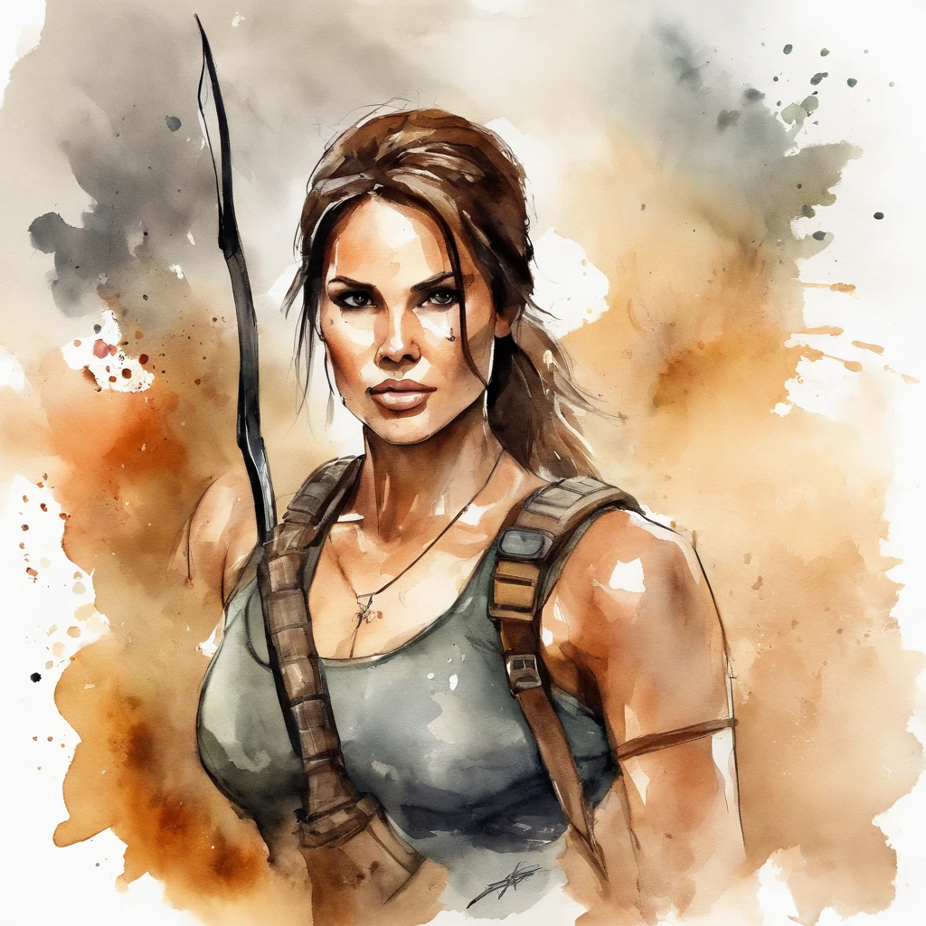 tomb raider Lara Croft watercolor and sketch, in stylish illustrations style, full body, soft watercolors