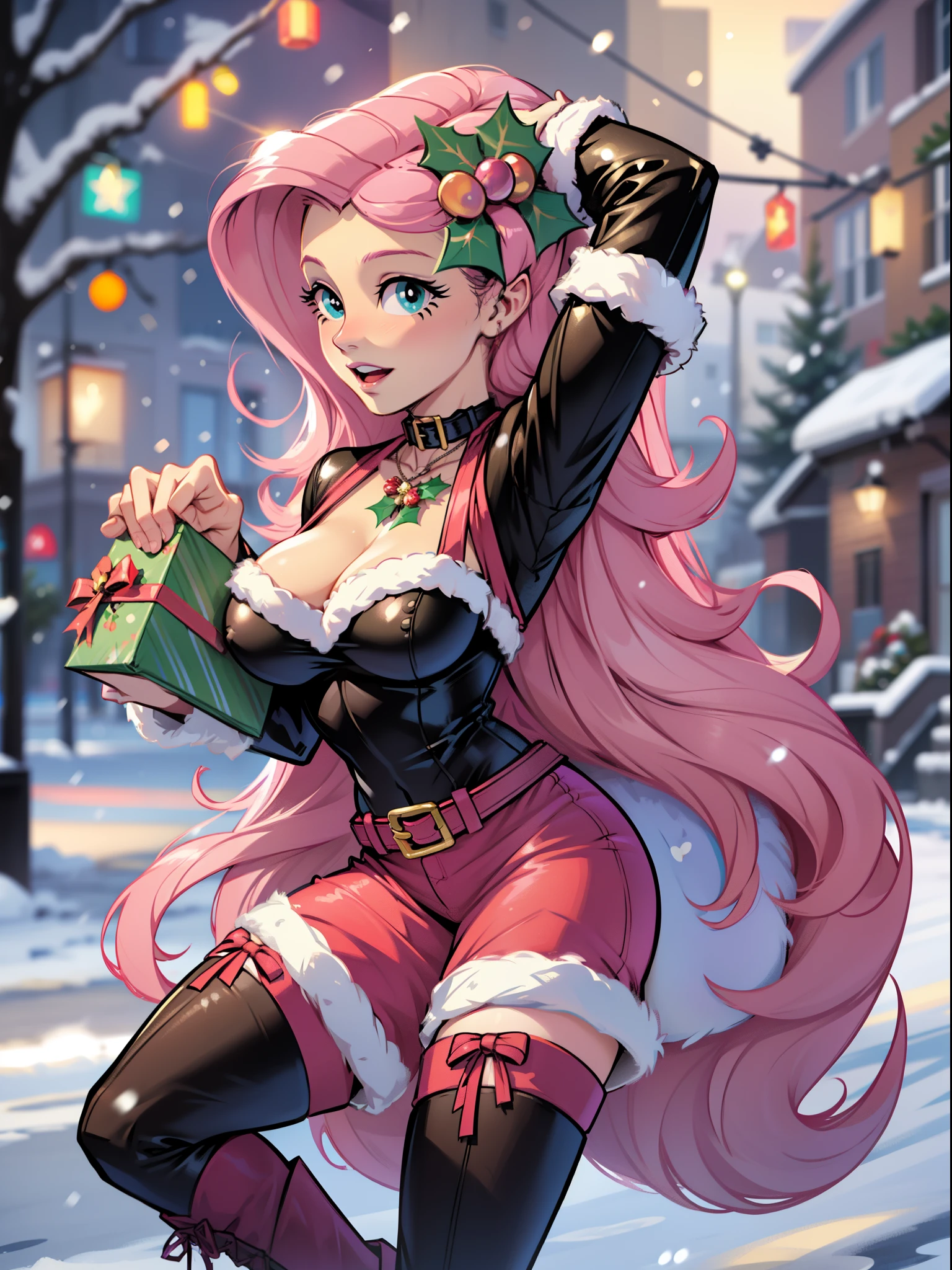 Fluttershy, Fluttershy of my little pony, big breastes, Lush breasts, Volumetric breasts, exuberant hair, hairlong, New Year, Christmas, santa costume, sexy, New Year's Eve Outfit, in full height, New Year's boots, women's boots, super quality, Very detailed, snowing, Christmas tree, Garland,