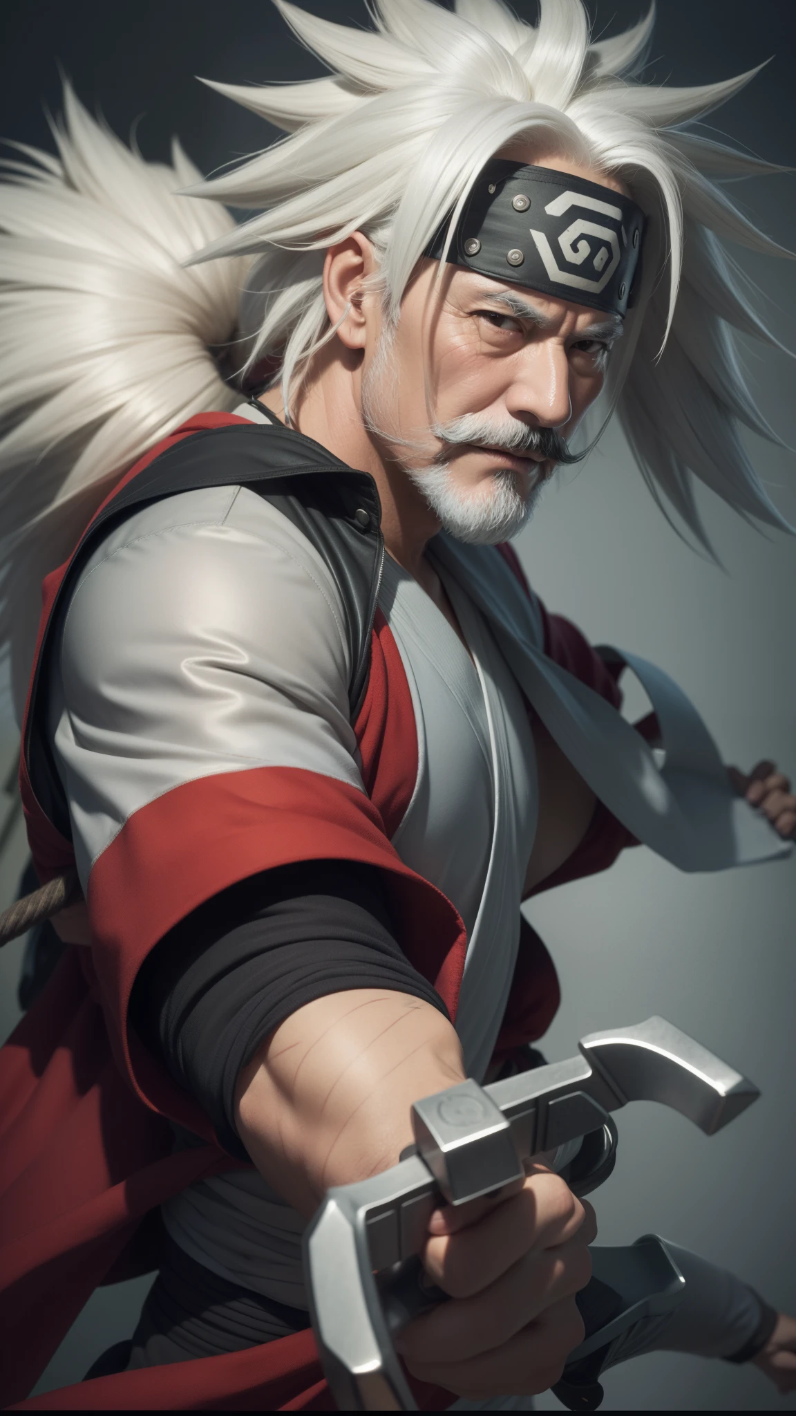 1man,jiraiya,mature man, realistic,has long and bushy silver-white hair, has a fairly noticeable mustache, wears red and gray clothes, and always carries a large sling on his back containing ninja equipment, has a seal mark on his left temple which is the symbol of the Sarutobi clan,ultra detail
