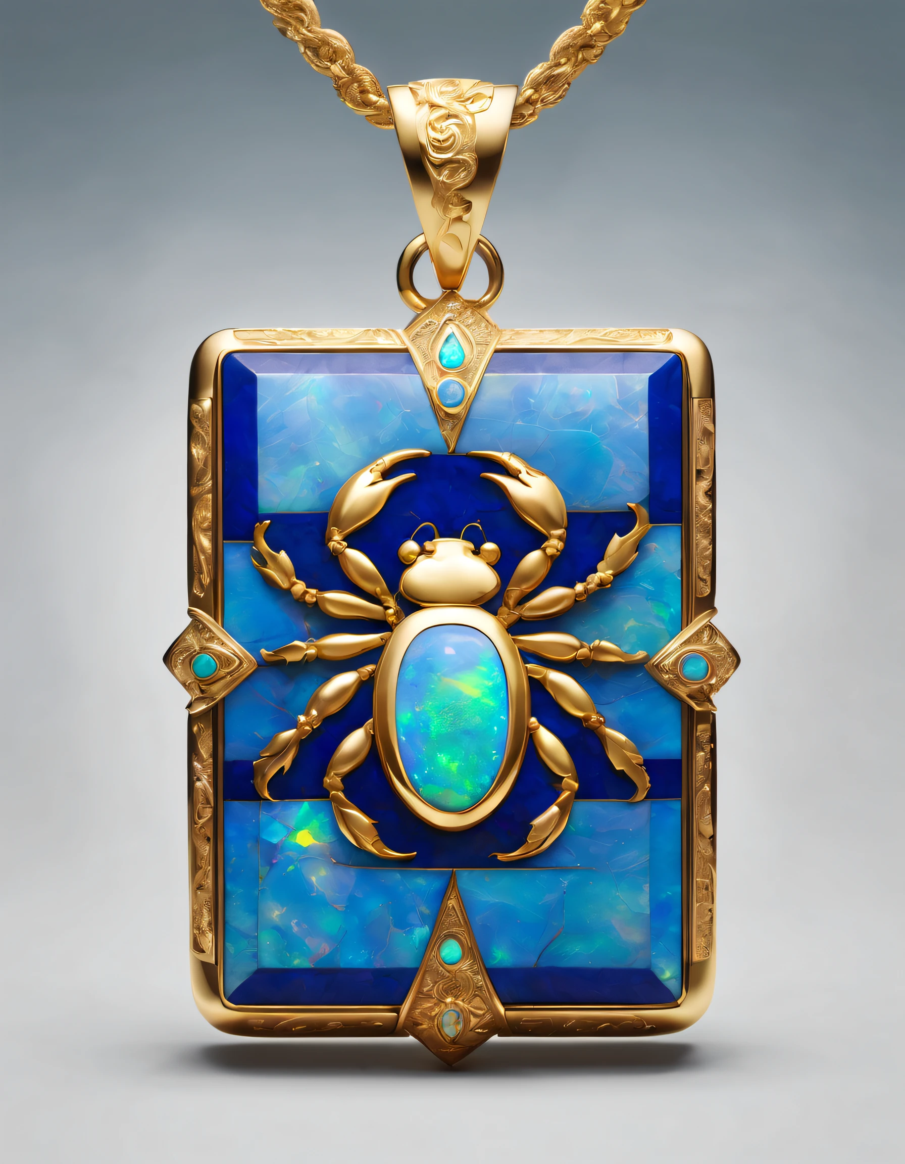 Item design, pendant design, logo design, (a rectangular pendant),(only inlaid with a double opal ), black gold border, carving, (inlaid with cancer symbol: 0.8),(inlaid with gold small crab: 0.8),(side carved with English cindy xu), lapis lazul, turquoise, Van Cleef, Cartier,
Background: White,best quality, masterpiece, high resolution, Hyperrealistic, 8K, Loop lighting,Eclectic,by Michelangelo,Minimalism,