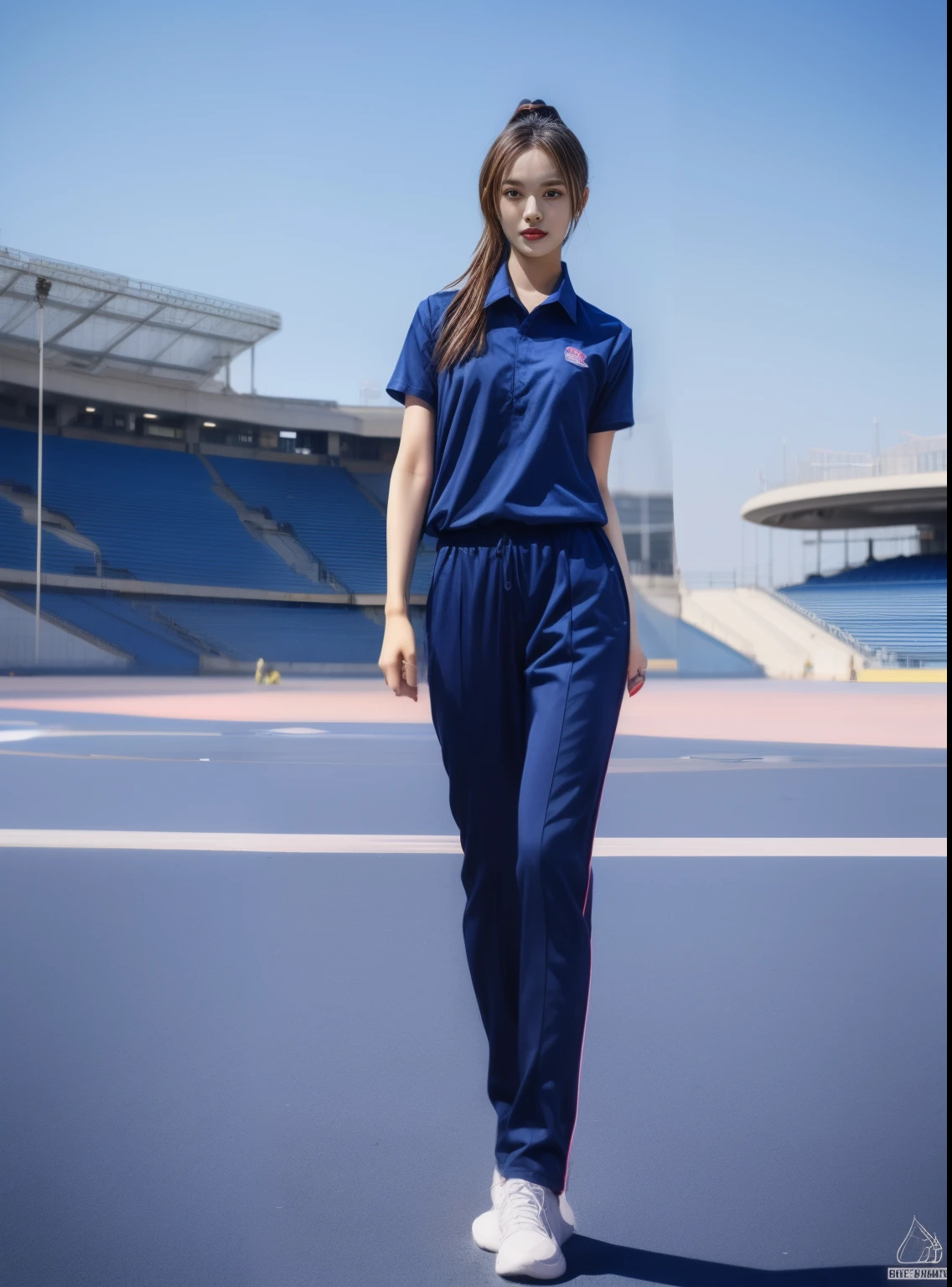 (bestquality,10,10,highres,masterpiece:1.2),ultra-detail,(Realistic,photorealistic portrait,photo-realistic:1.37),1 Cute girl in the football field,oily shiny skin,bara,light smile,BDclothes,((blue shirt:1.3)),short sleeves,shirt, trousers.,(navy_long_Pants Track:1.1), ((Stadium Background:1.3)),dynamic angle,excited,face focus,Dynamic Poses,from behide,Ass Focus,masterpiece, bestquality, ultra realistic, hyper-detail, 8k resolution, RAW photo, crisp focus, ((Navy blue shirt:1.1)), short sleeves, Long Path, Perfect body, 2 mature women, 18yo, cinematic light,Blue sweatpants,Gymware,Correct anatomy,Complete body, Correct body, sharp face, Anatomically correct body, full entire body, Realistic gestures, long-haired, Realistic poses,Wear long shorts....................,Long leg span,Shapely,Sculpting Girl, Slender Figure, mannequin mannequins, Shapely, Beautiful body,Blue sweatpants, Two girls kissing