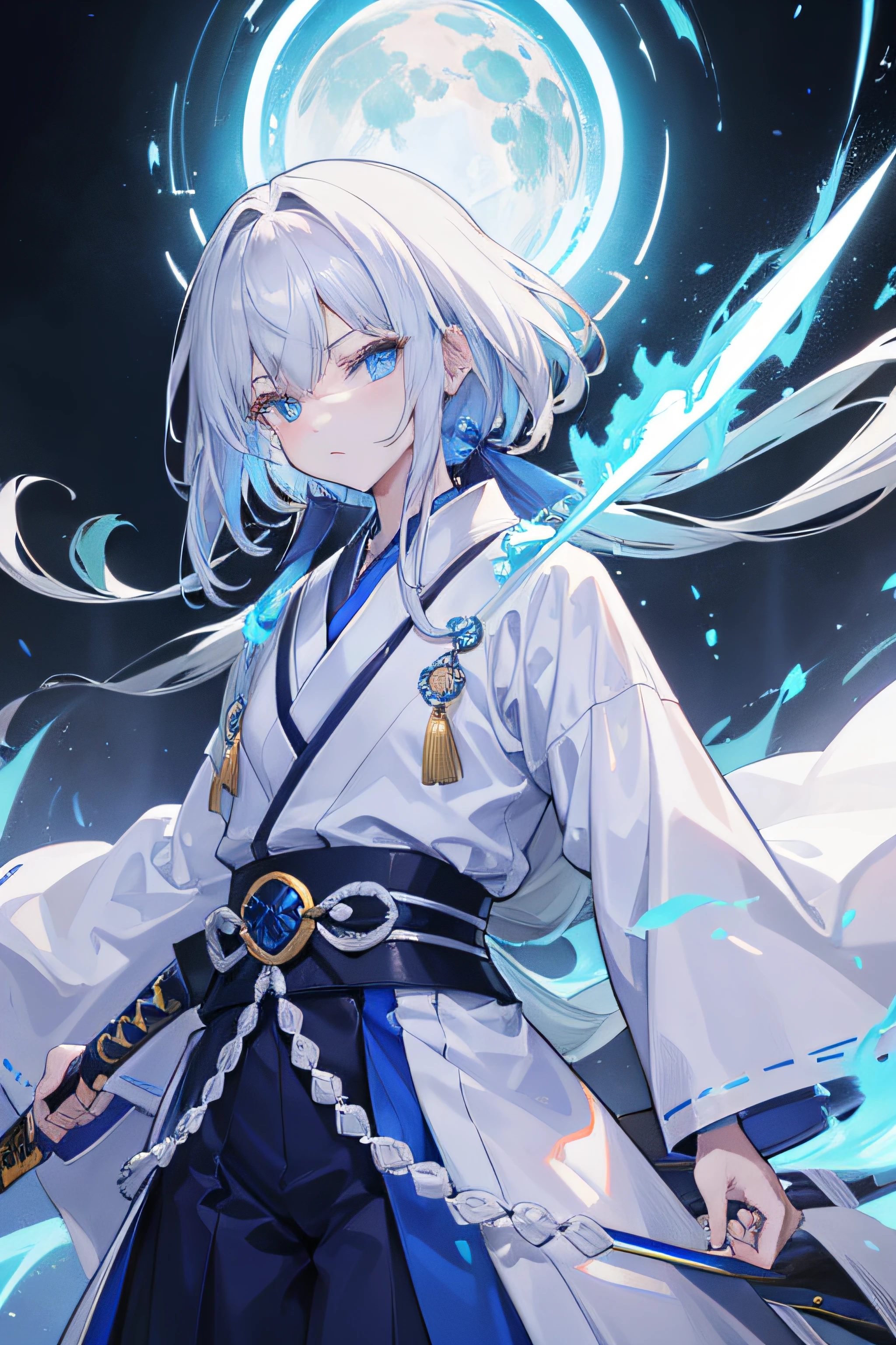 the Extremely Detailed CG Unity 8K Wallpapers, masutepiece, Best Quality, Extremely detailed details, a high chroma, Stand on the street at night, japanese theme, cabelos preto e longos, blue eyess, male teen, White jacket, Black Hakama, Aoba Ori, colossal, A good blue weapon in one hand, Intimidating, Scene engulfed in blue flames, Sword