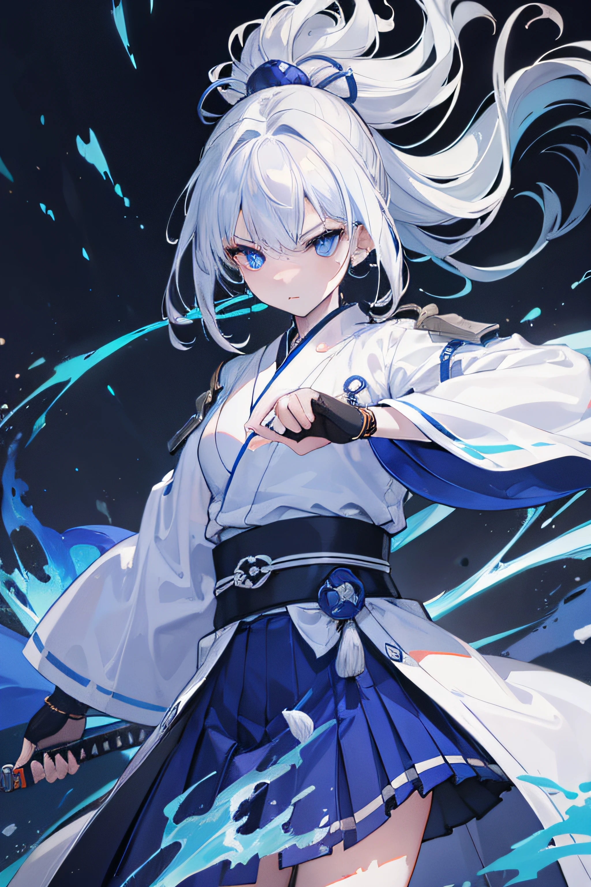 the Extremely Detailed CG Unity 8K Wallpapers, masutepiece, Best Quality, Extremely detailed details, a high chroma, Stand on the street at night, japanese theme, cabelos preto e longos, blue eyess, male teen, White jacket, Black Hakama, Aoba Ori, colossal, A good blue weapon in one hand, Intimidating, Scene engulfed in blue flames, Sword