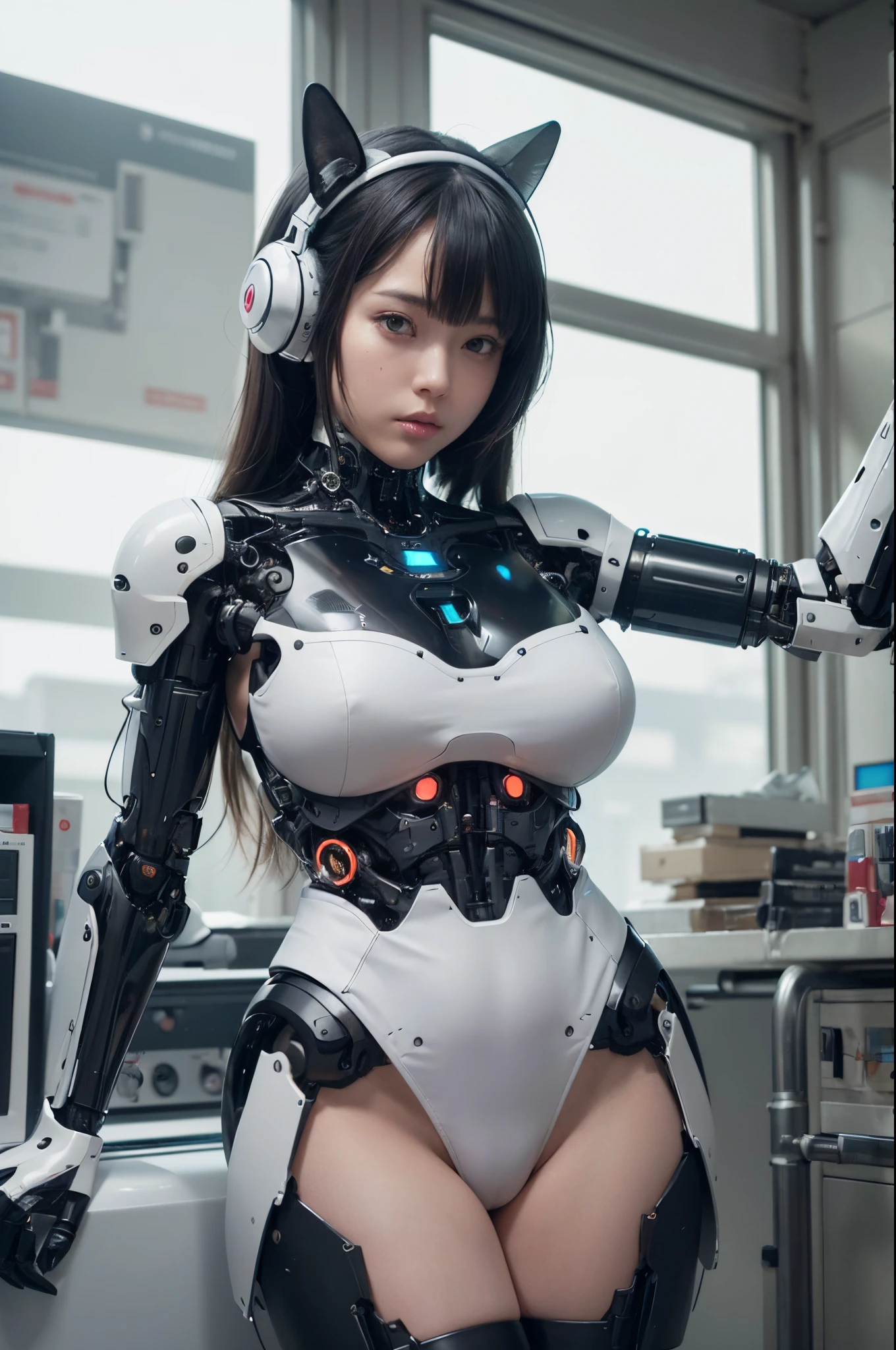 masterpiece, best quality, extremely detailed, (photorealistic:1.4),(RAW photo) (8K, 4K, Best Quality, hight resolution, 超A high resolution:1.1), (masutepiece, Realistic, Photorealsitic:1.1), 1girl in, Japaese Cyborg Girl,Plump ,pleated miniskirt,black high socks,control panels,android,Droid,Mechanical Hand, ,clothes with a sense of mechanical technology, Robot arms and legs, Black Robot Parts,Black hair,Mechanical body,Blunt bangs,White abdomen,White robotics parts,tube dress,perfect robot woman,future laboratory,cyber pank,charging spot,laboratory,long tube,thick cable connecting her neck,ceramic body ,full eyes,striking eyes,mechanical body, ear antenna,mechanical ear cover,android,robot humanoid