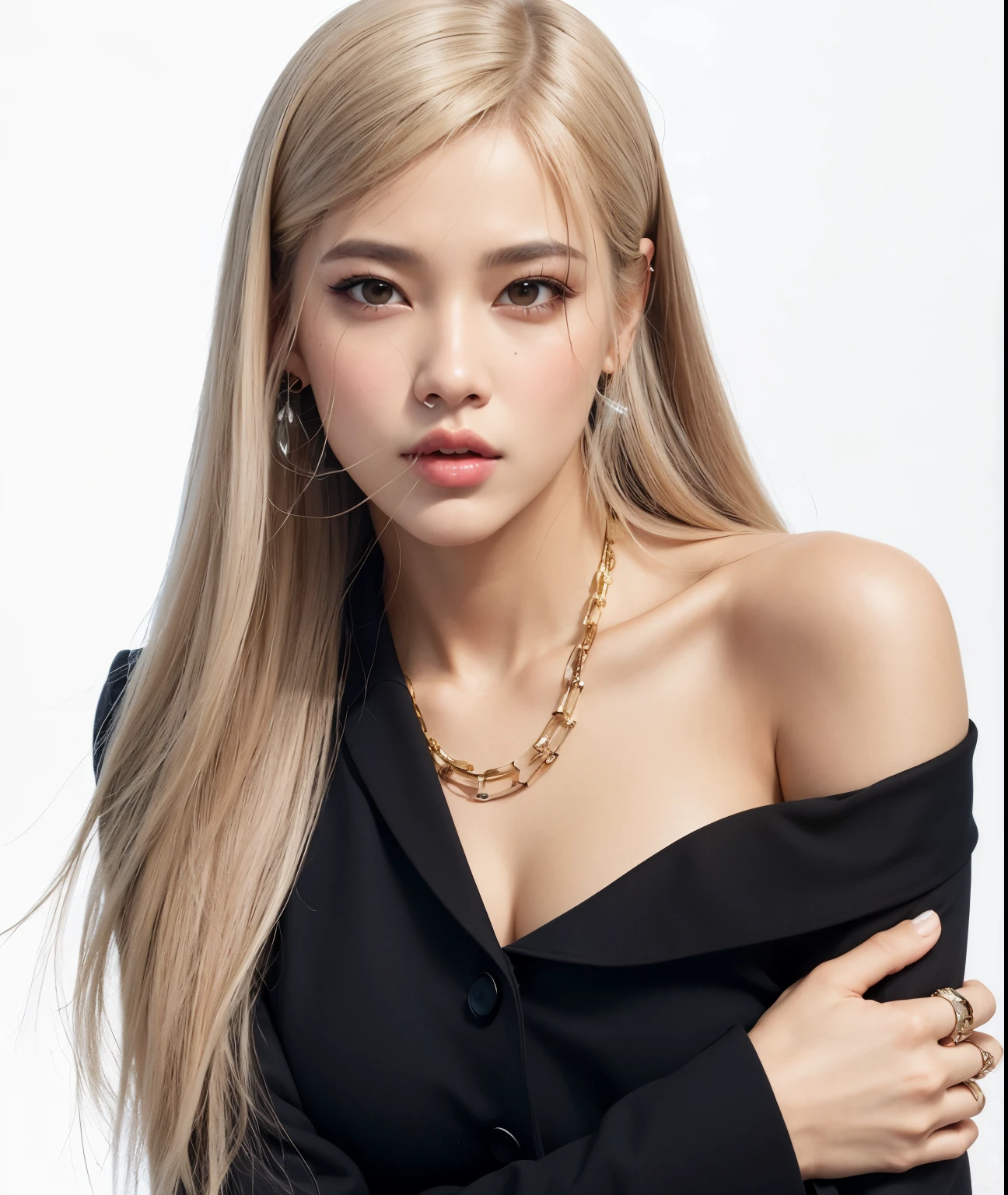 un primer plano de una mujer con cabello largo y rubio que llevaba un top negro, roseanne park of rosa negro, portrait of jossi of rosa negro, jossi of rosa negro, jisoo of rosa negro, portrait jisoo rosa negro, lalisa manoban of rosa negro, jisoo from rosa negro, Lalisa Manobal, jia, rosa negro, park de mi parte, de mi parte