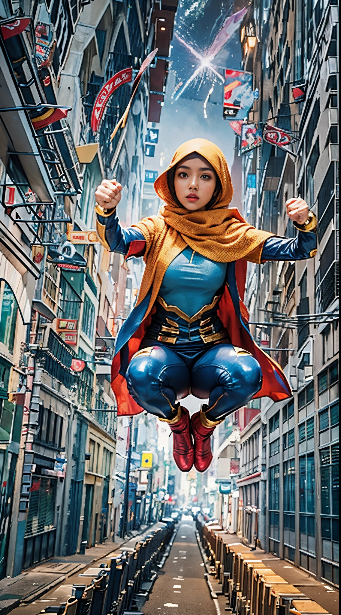 Create a dynamic and action-packed photomanipulation reminiscent of Marvel superhero movies. Feature the Malay girl in hijab showcasing her unique superpowers in a cityscape, surrounded by vivid colors and high-energy effects