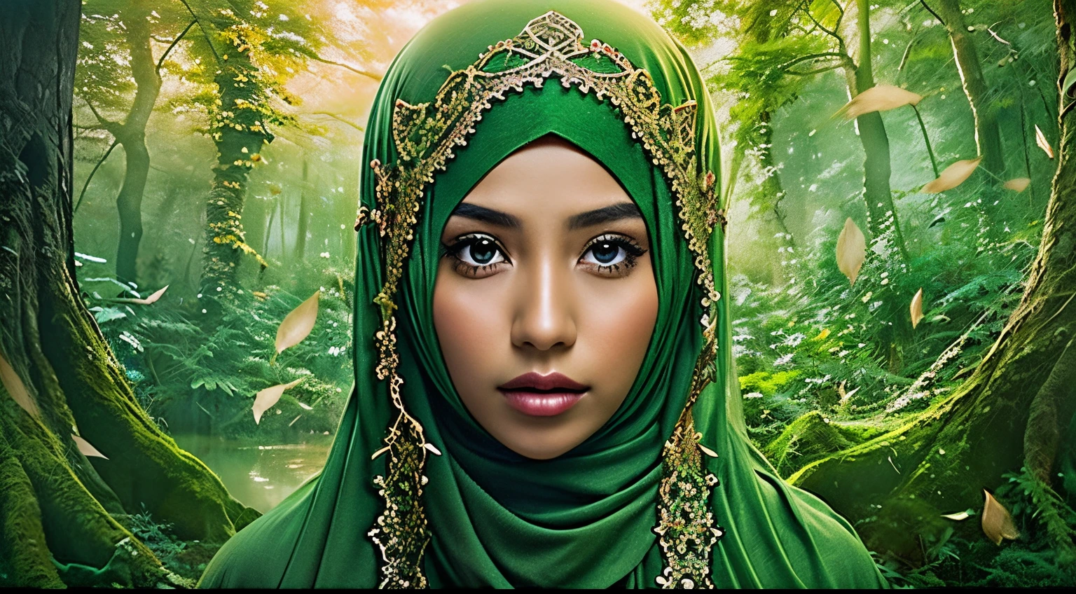 Craft a captivating photomanipulation with the Malay girl in hijab as the main character, set in a mystical and enchanted forest. Draw inspiration from scenes in fantasy classics like 'The Lord of the Rings,' emphasizing magic and wonder.