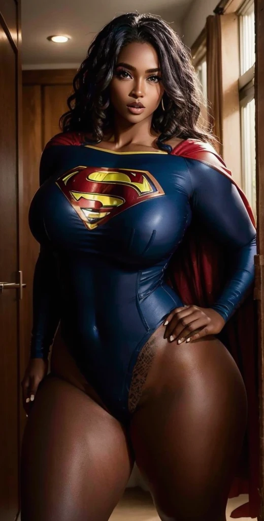 Emily is a black African woman, com pele muito escura, de 35 anos com cabelos escuros, geralmente preso em um coque ou rabo de cavalo. His eyes are dark and expressive, transmitindo sua personalidade sensual e sexy. She has an average height, Sobre 1.60m, com seios grandes, muito grandes e quadris enormes, BBW. Emily is a superhero, Usar roupas da supergirl sexy. Ela costuma usar pouca maquiagem, preferindo um visual natural. best quality, Realistic photo, photo de corpo inteiro, poses sensuais sexy, foto tirada de baixo para cima.