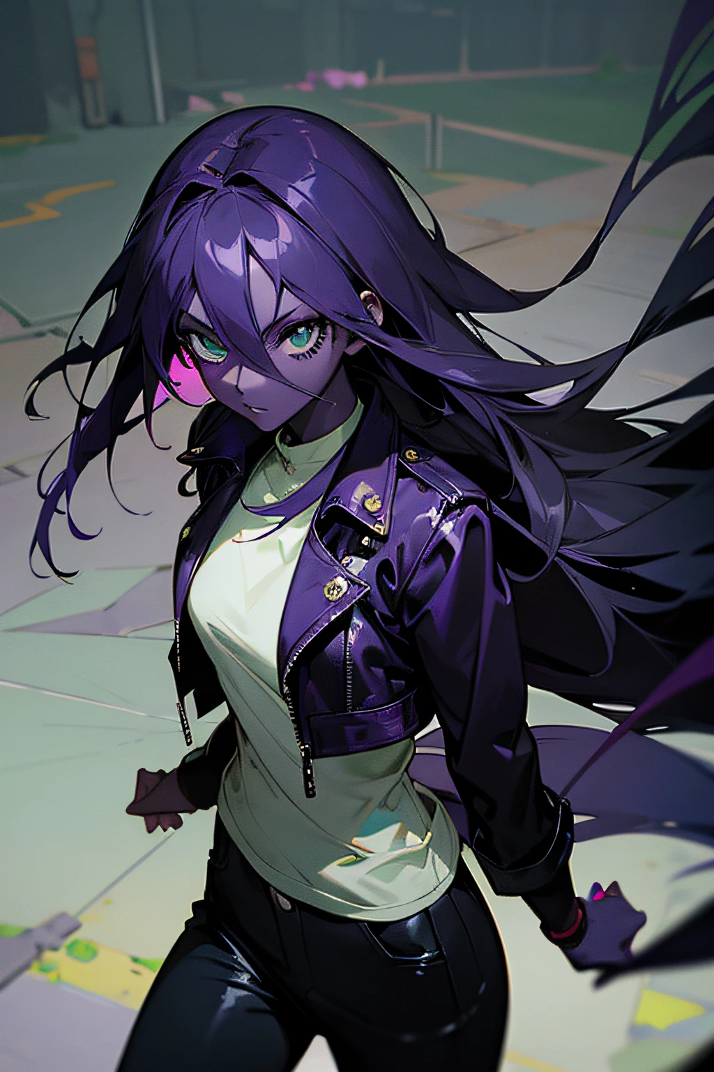 hopeless art, anime girl, (((dark purple skin))), split ends hair, long black leather jacket, dark pants, pale green eyes, gloomy suburb roadway, dark night, high angle