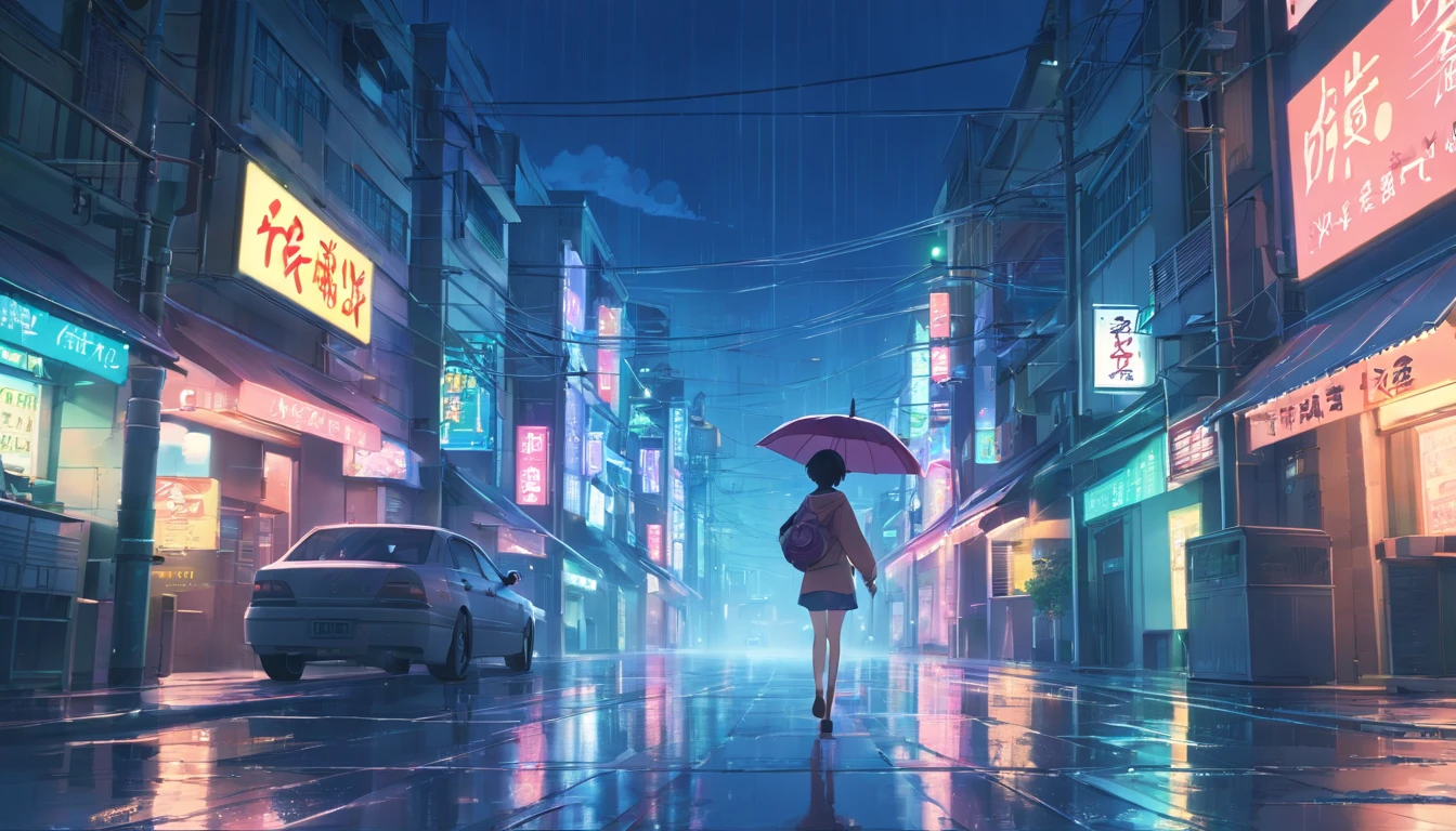 street, rain, one point perspective, many lights, night, cyberpunk, dark environment, high resolution, hd, 8K