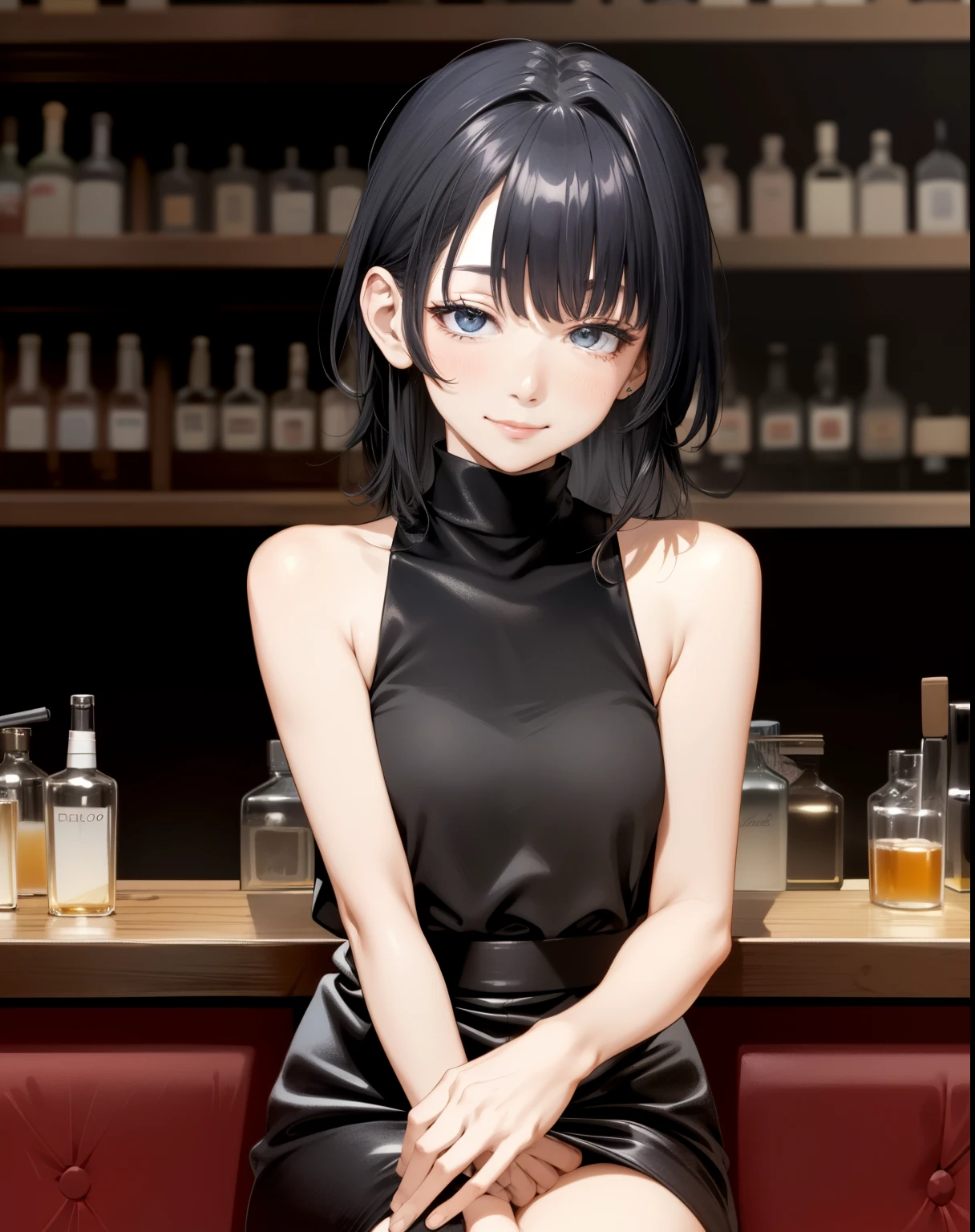 Portrait photo of sitting at the bar of a nightclub、Sensual smile、(​masterpiece) (top-quality) (detaileds) (8K) (nffsw) (wall-paper) (电影灯光) (foco nítido) (Convoluted)、cuckolded woman、Sleeveless Turtleneck Dress