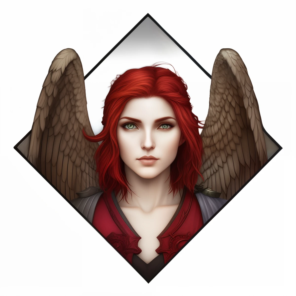 tem uma mulher ruiva e asas de anjo, raven winged female vampire, fantasy rpg symmetrical portrait, symmetrical portrait rpg avatar, Retrato do Anjo da Morte, Retrato do personagem Baldur's Gate, No estilo de Anne Stokes, inspirado em Anne Stokes, humano alado, angel knight gothic girl, 3 / 4 vista da mulher com asas, Lilith